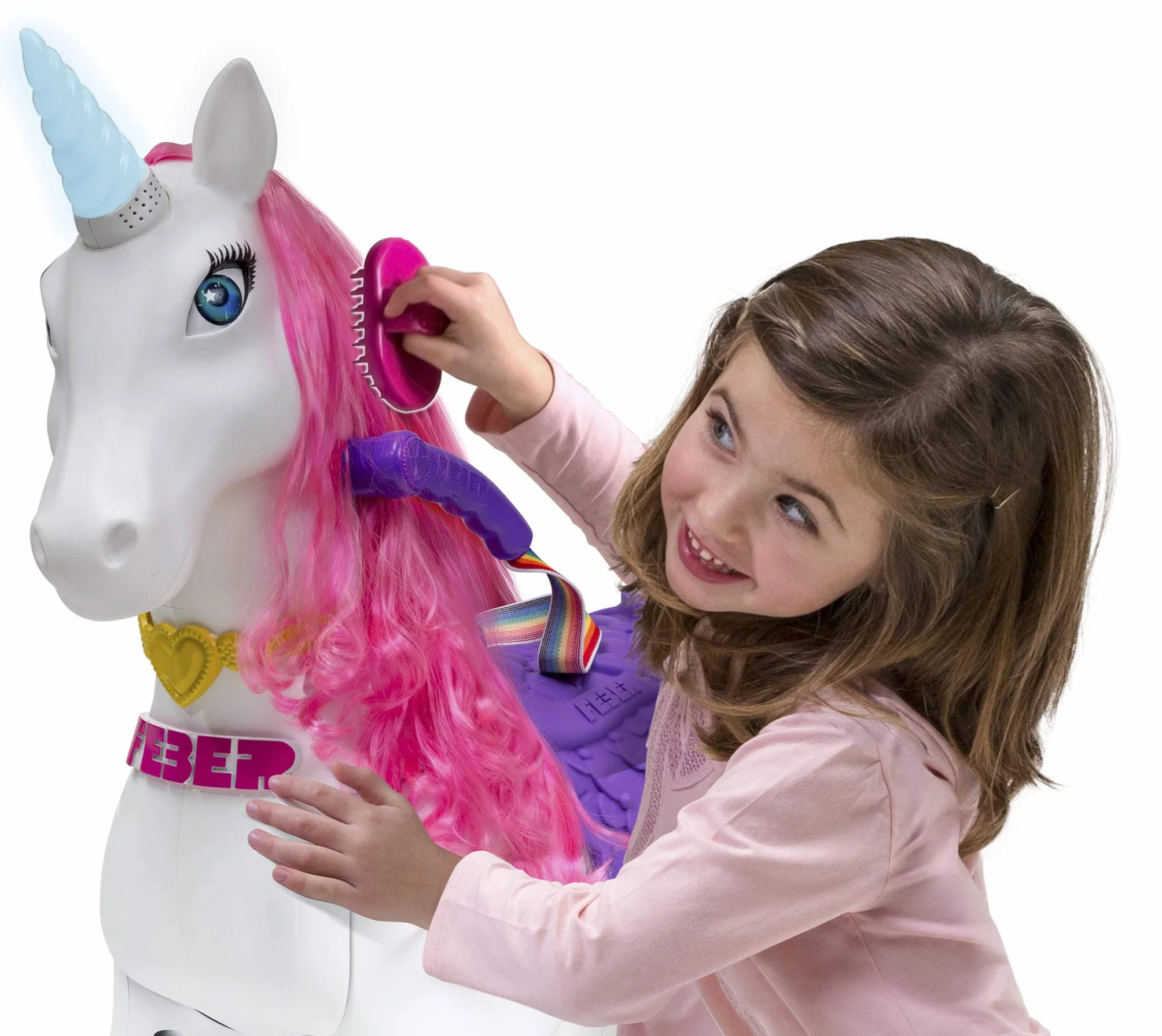 FEBER - My Lovely Unicorn z różową grzywką, elektronicznym zwierzakiem i pojazdem akumulatorowym 12 V (Famosa 800011603)
