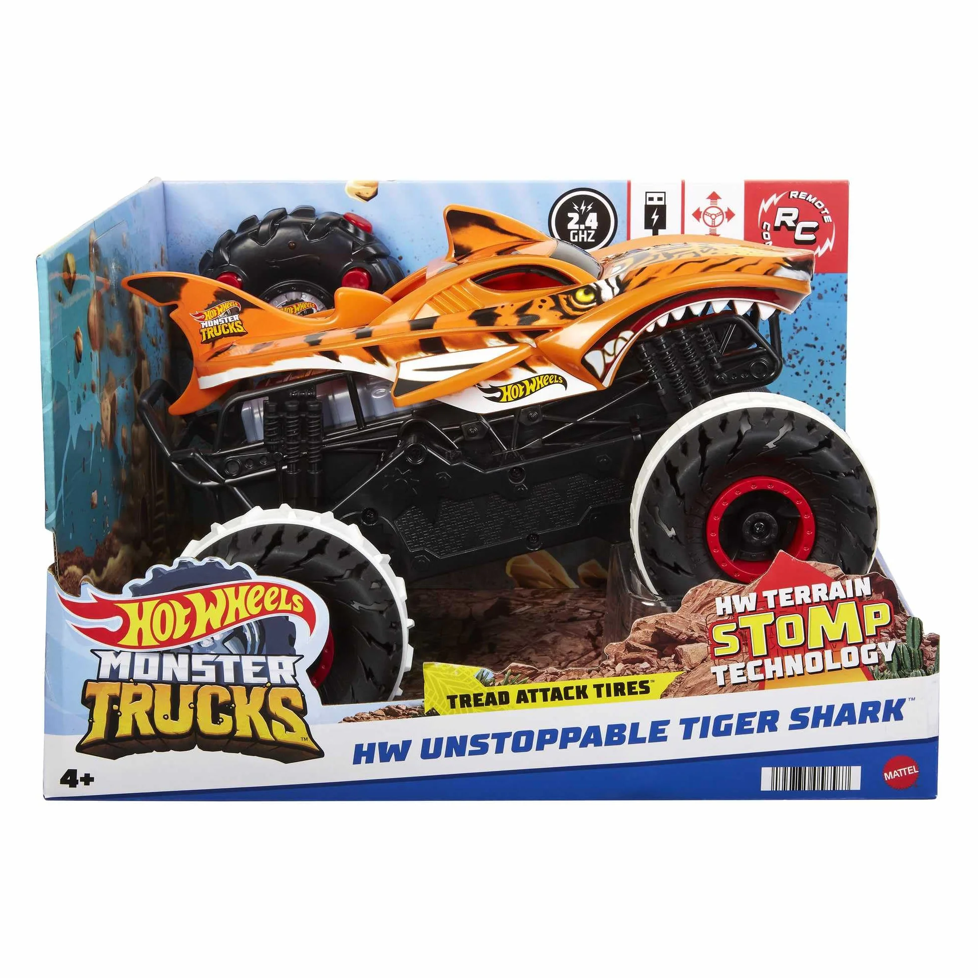 Hot Wheels Monster Trucks Niepowstrzymany Tiger Shark Pojazd terenowy, zdalnie sterowany, zabawka dla dzieci od 4 roku życia, HGV87