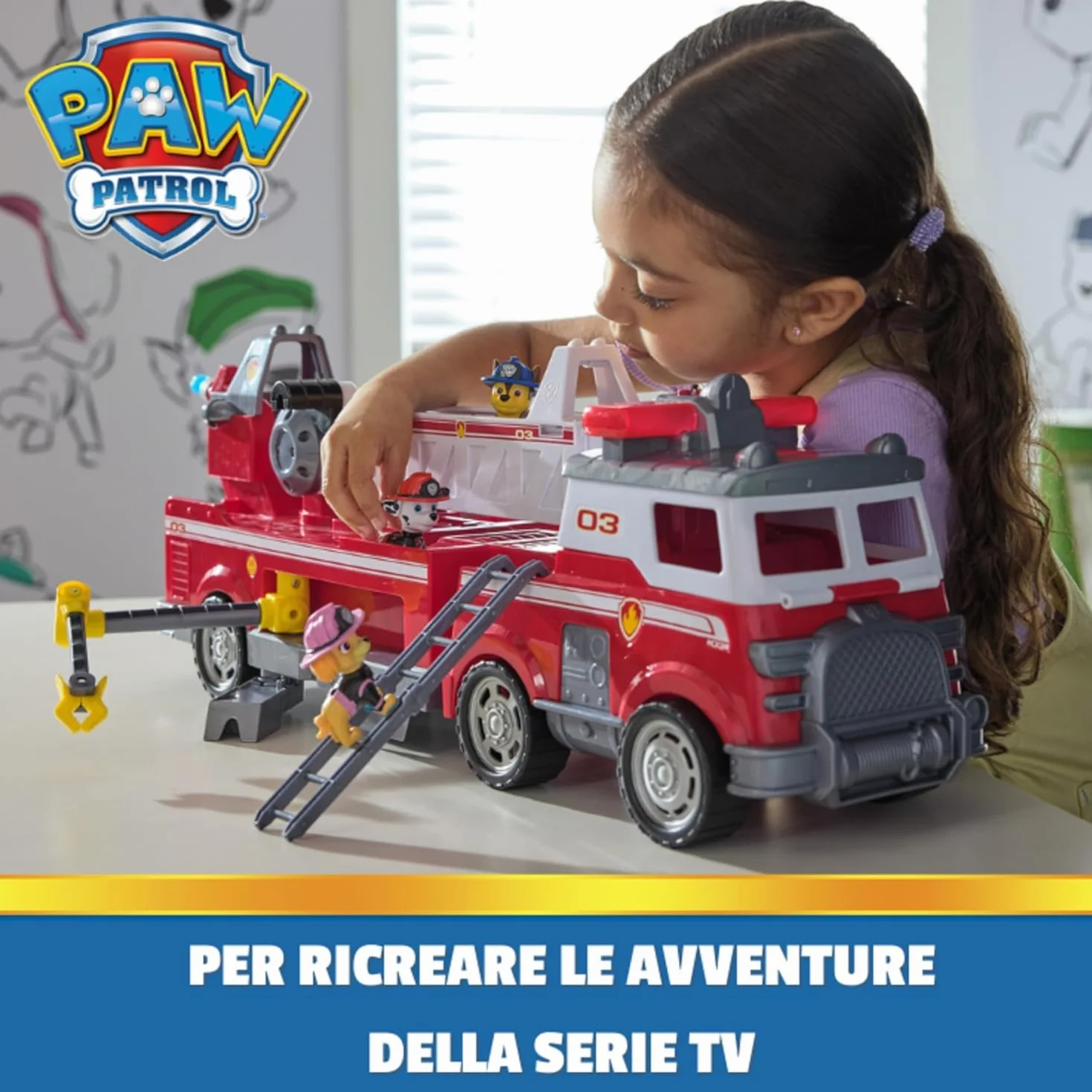 Paw Patrol, Wózek strażacki Marshalla, z wysuwaną skalą 61 cm, światłami i dźwiękami, mini pojazd, w zestawie postacie Chase, Marshall i Skye, zabawki dla chłopców i dziewczynek, 3+ lat