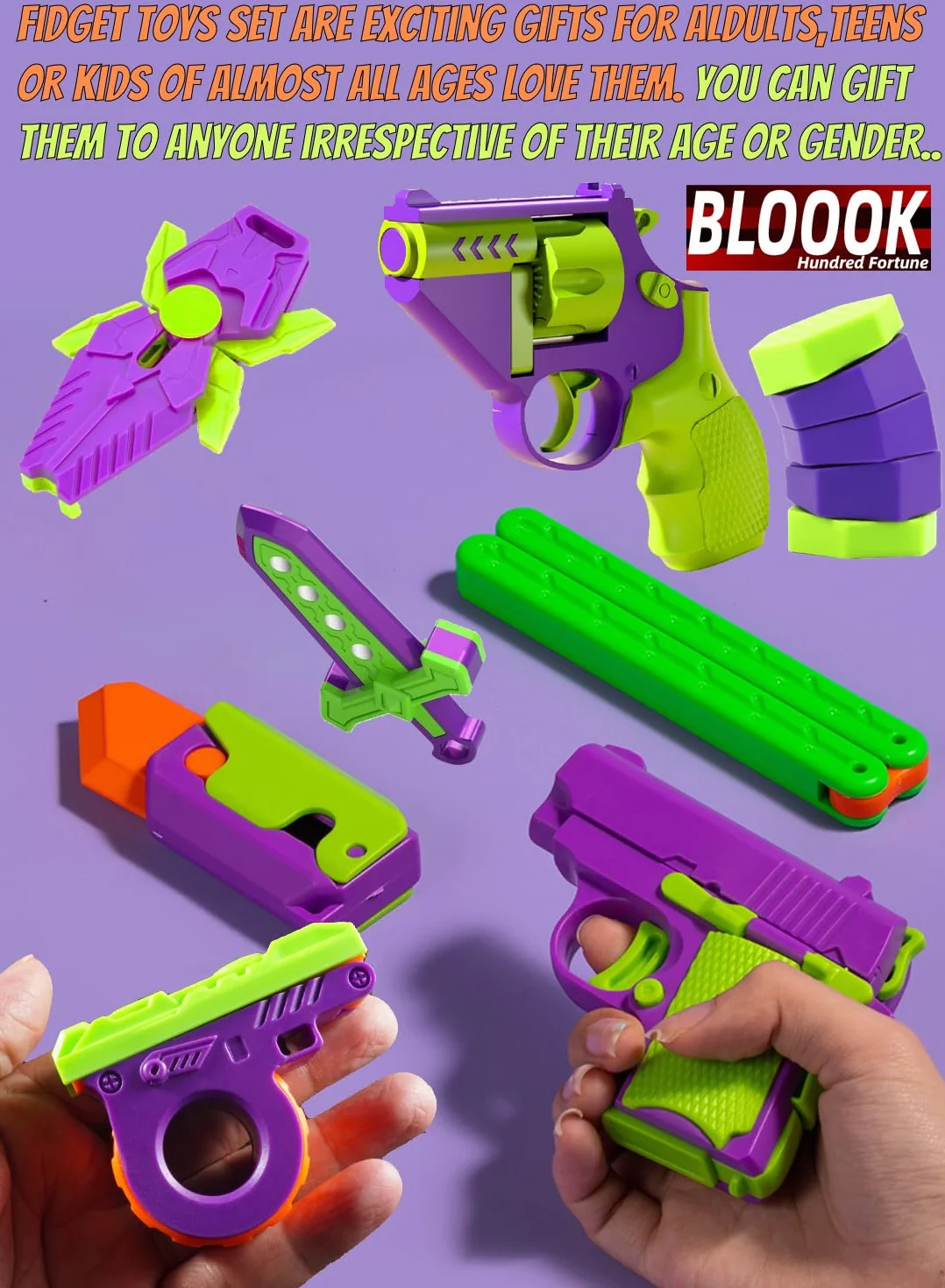 Fidget Toy Gun, 1911 Stress Shot Toy Gun Set for Adults & Kids, 3D Printed Peace Pistol Magnetic Fidget Slider Toy Anxiety Relief Items Pack, 8 PCS