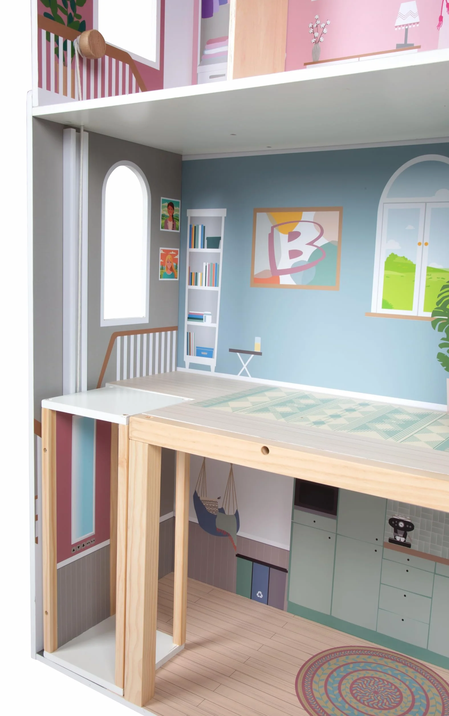 Mały domek dla lalek Villa XL, 3-piętrowy domek dla lalek z windą, dla lalek do 30 cm, skala 1:6, imitacja drewna, 12730