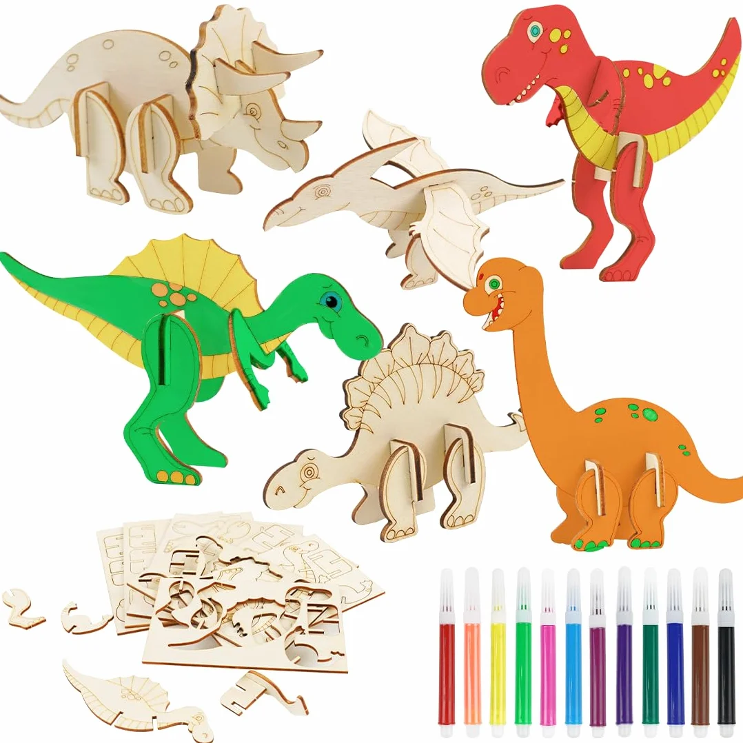 Drewniany zestaw dinozaurów 12 sztuk - DIY 3D Zestaw do malowania i malowania dla dzieci - Kreatywne rękodzieło Prezent urodzinowy
