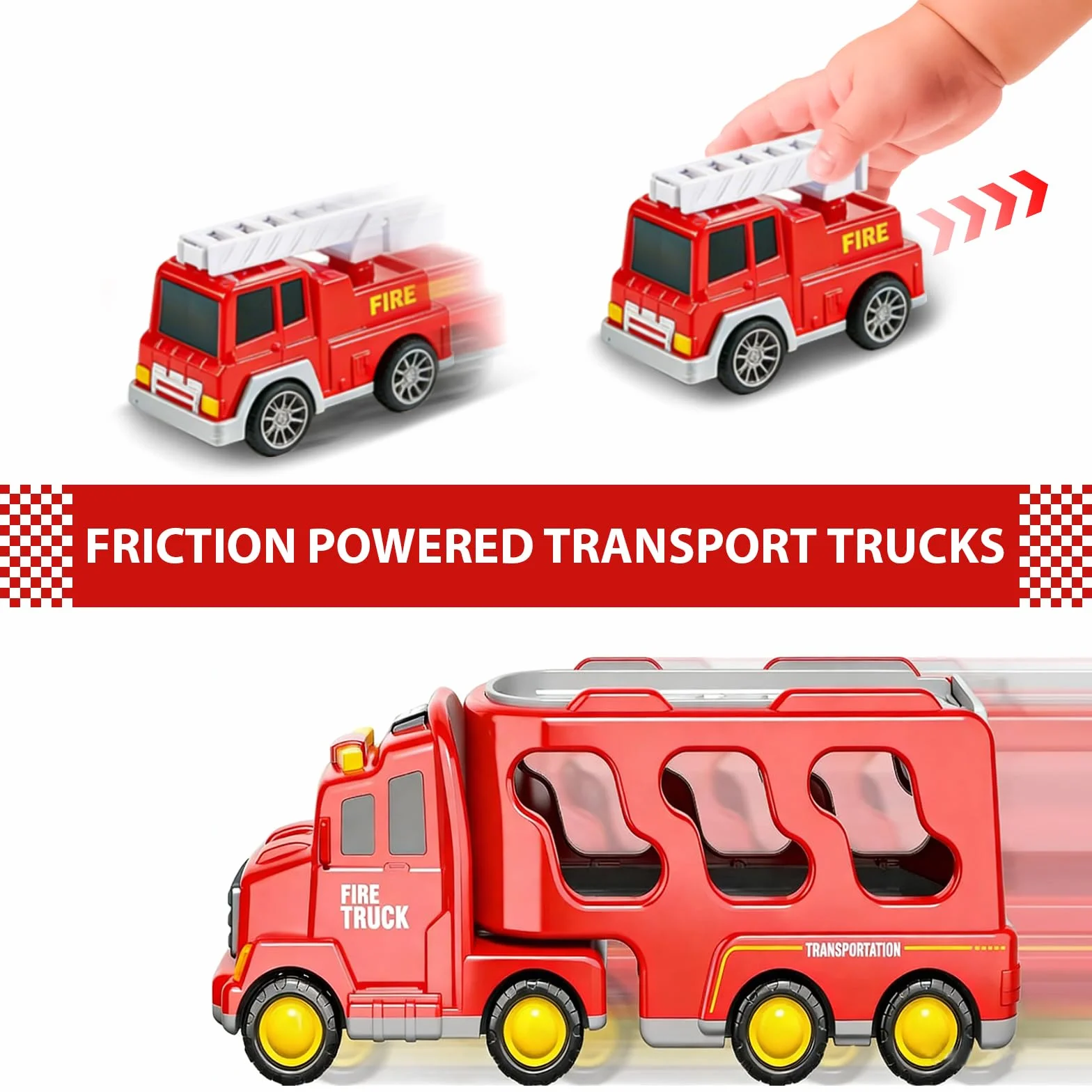 Ciężarówka strażacka zabawka, 7 w 1 Transporter samochodowy z 6 mini-pojazdami, dźwiękiem i światłami Ciężarówka strażacka ciężarówki transportowe duże prezenty dla chłopców dziewcząt 3 4 5 6 7 lat