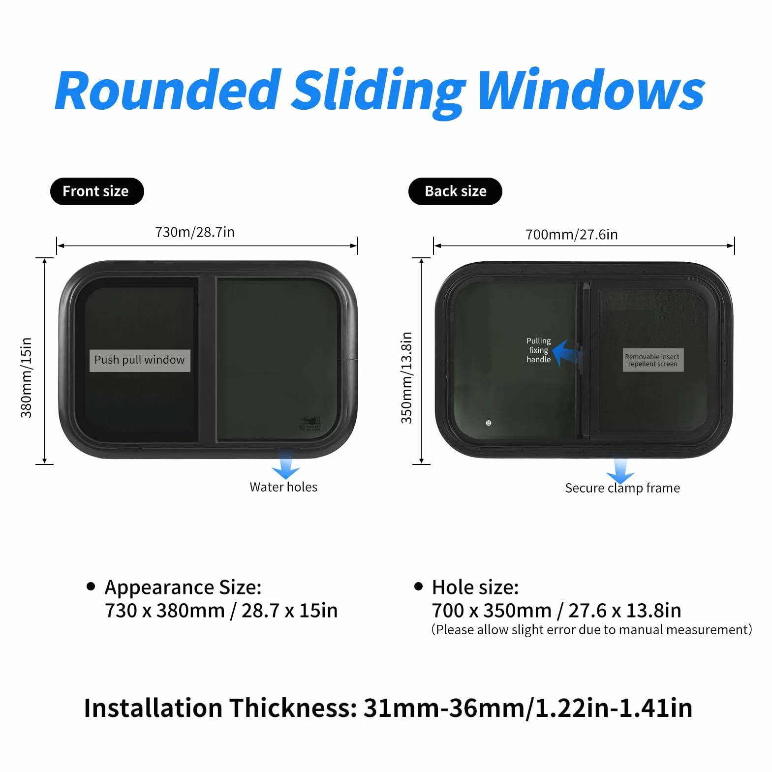 Okno przesuwne z zamkiem błyskawicznym 700 x 350 mm z ekranem do przyczep, marynarki wojennej i domów mobilnych, nadaje się do grubości ścian 31-36 mm (do grubości ścian: 31 do 36 mm)