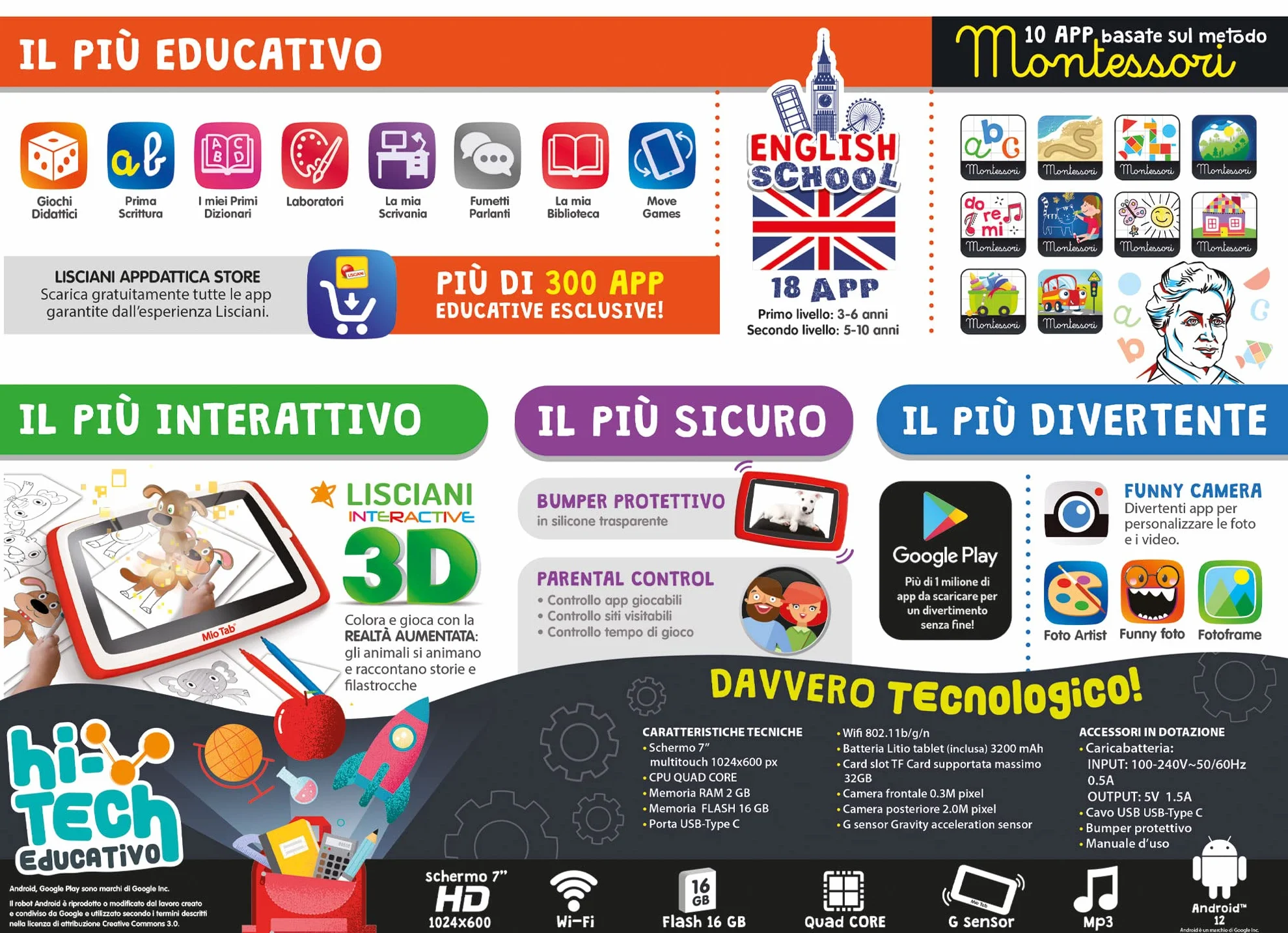 LISCIANI-Mio Tab 7 cali Smart Kid 2022, dzieci w wieku 6-12 lat, pamięć 16 GB, autonomia, zdolności sensoryczne, koordynacja ręka-oko, wielokolorowa, 97012