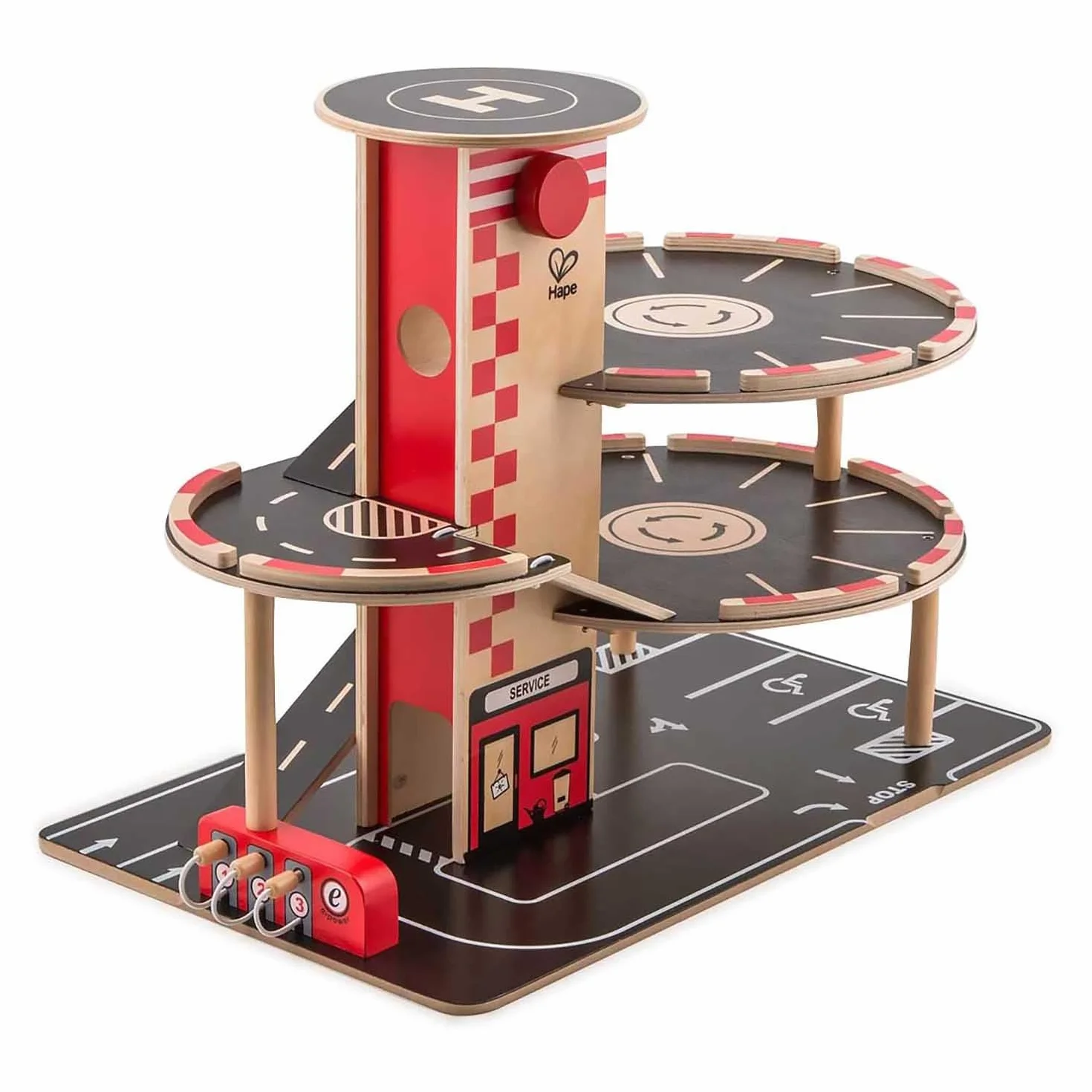 Sustainable Wood Toy Car, Toys For Kids, Hape “Park And Go” Garage Set With 4 Levels, 1 Lift, 2 Toy Cars, 1 Toy Helicopter. 3 years +