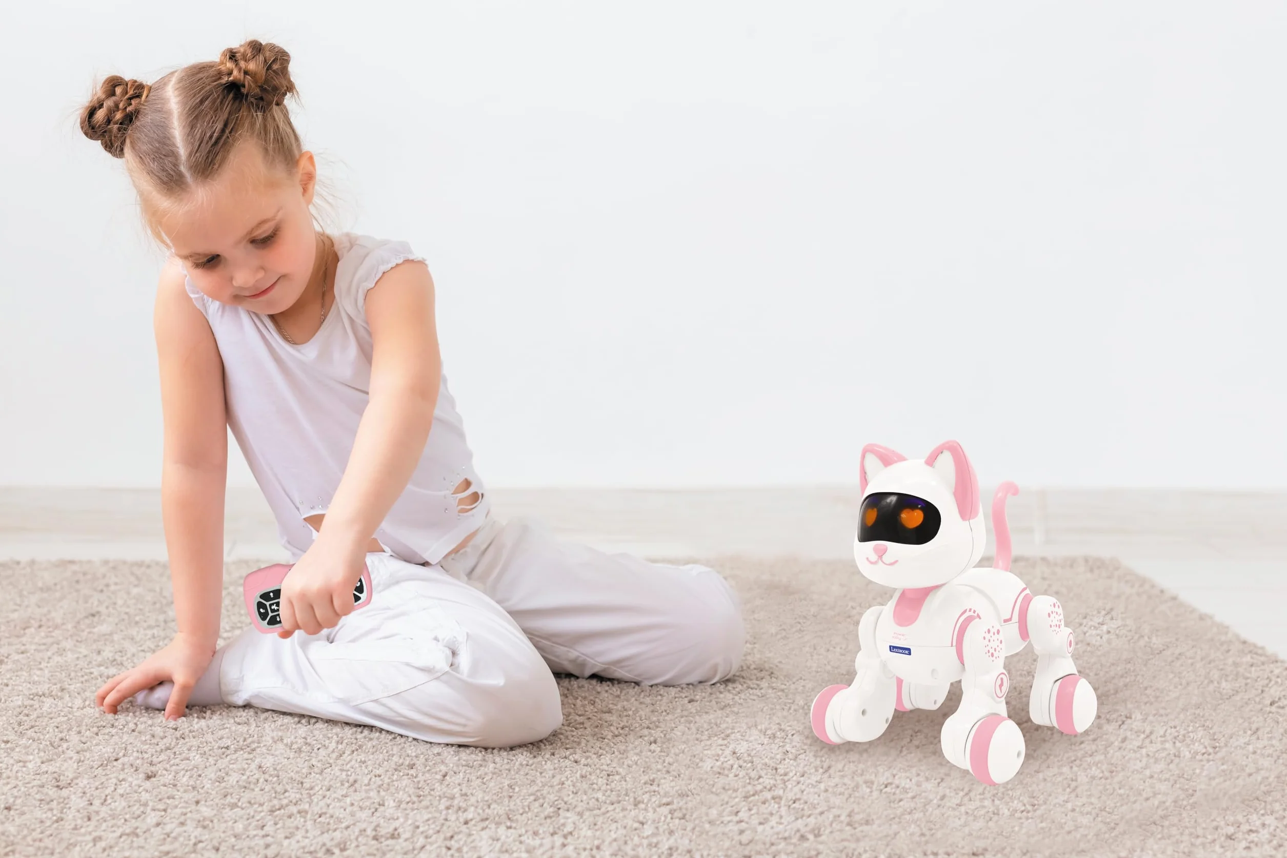 Lexibook, Power Kitty Jr, Zdalnie Sterowany Kot do Tresury, Chodzi jak Prawdziwy Kot, Interaktywne Oczy, Programowalny Stem, Akumulator, Różowy, Biały, KIT01