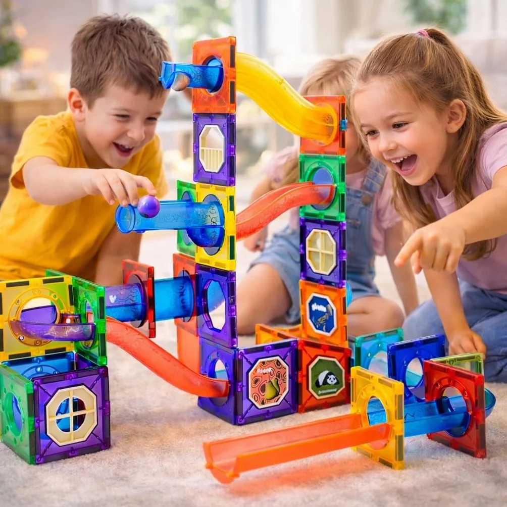 WonderToys Kulkowy tor wyścigowy, 100 sztuk, zestaw klocków magnetycznych, zabawka edukacyjna dla dzieci, dziewczynek i chłopców w wieku 3–7 lat, gry edukacyjne