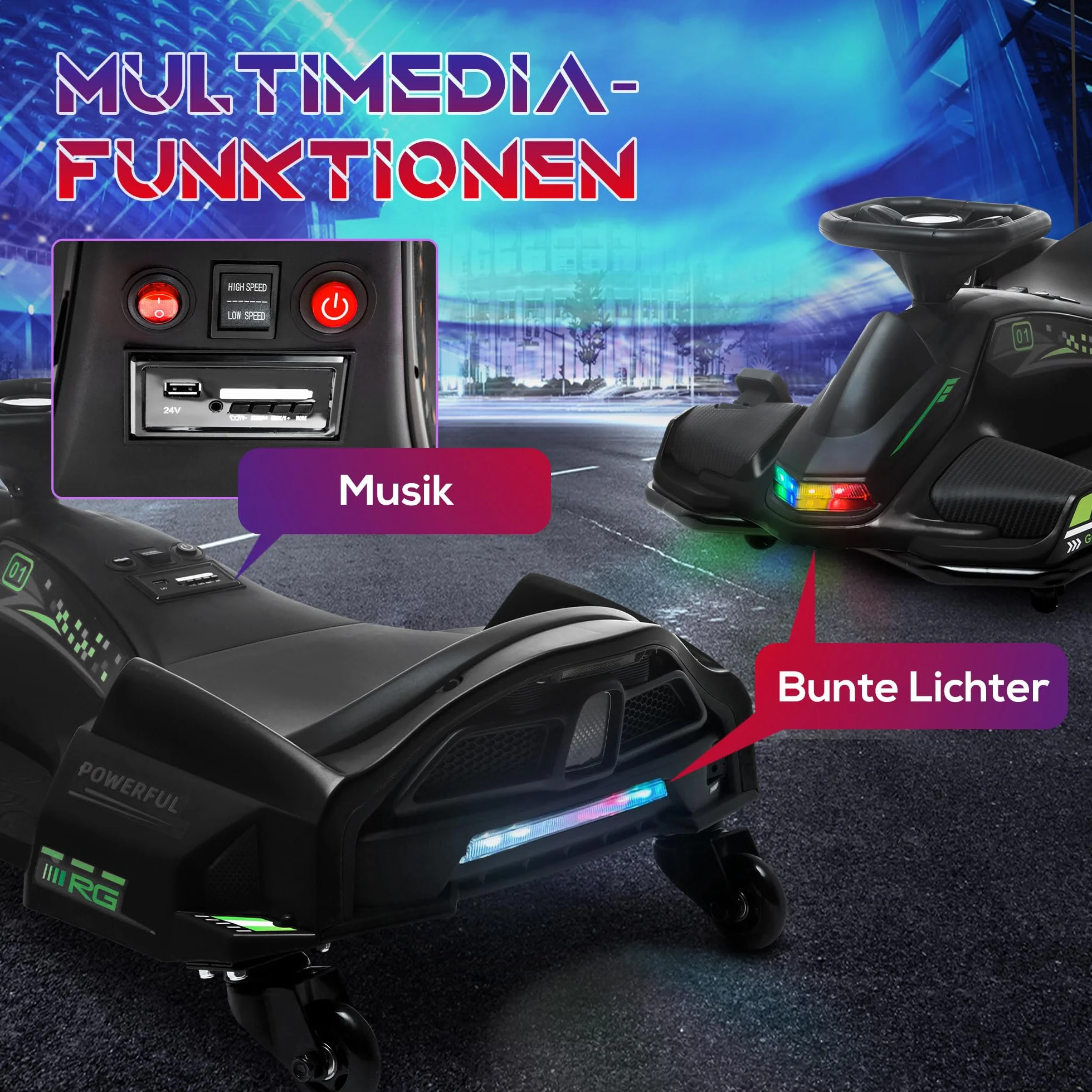 HOMCOM Elektryczny gokart dla dzieci, 12 V, 3-8 km/h, z trybem dryfowania, powolnym startem, muzyką, pas bezpieczeństwa, pojazd dla dzieci w wieku 8-12 lat, czarny