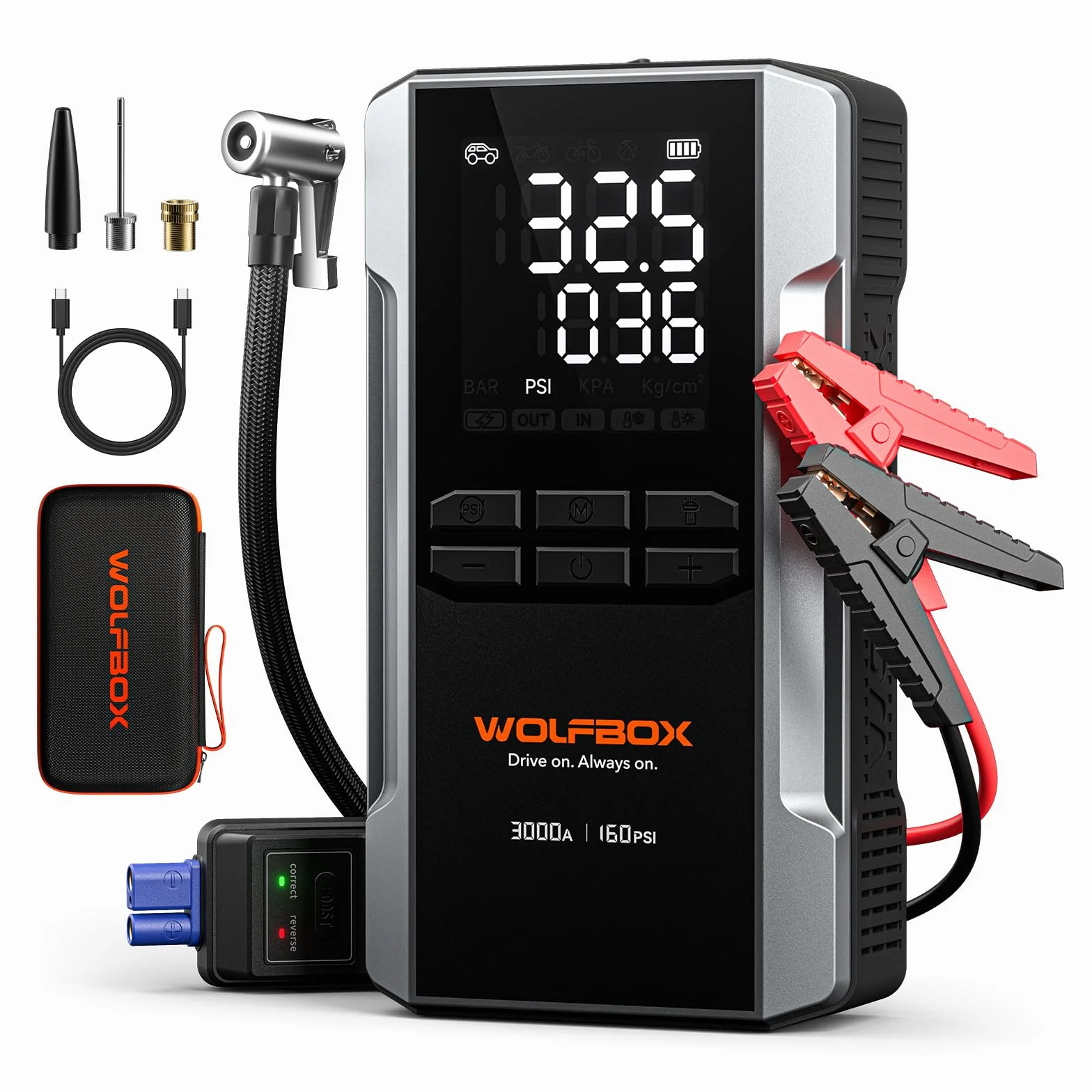 WOLFBOX Rozrusznik skokowy 3000 A ze sprężarką powietrza, przenośny rozrusznik samochodowy 16000 mAh i 160 PSI z szybkim ładowaniem 65 W, akumulator 12 V (silnik wysokoprężny 8 l, gazowy 6 l) z