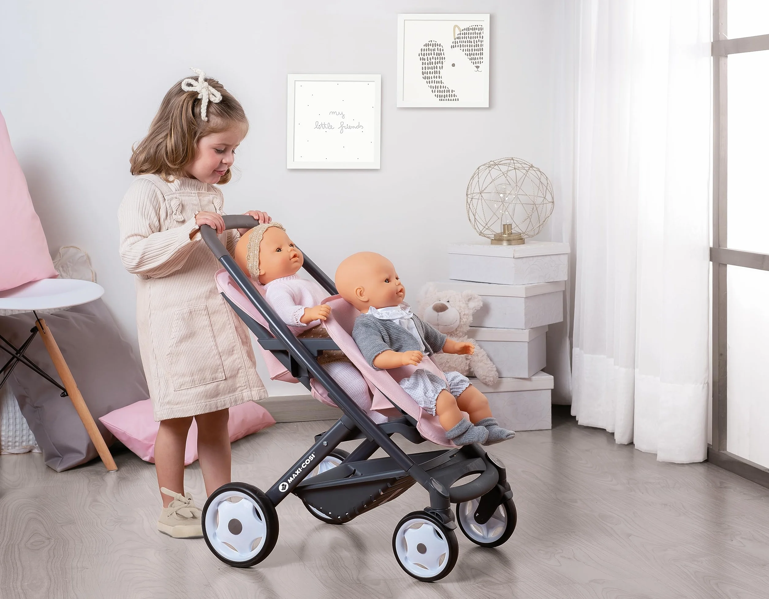 Smoby Quinny podwójny wózek sportowy różowy – dla lalek do 42 cm – wózek w stylu Quinny; dla dzieci od 3 lat