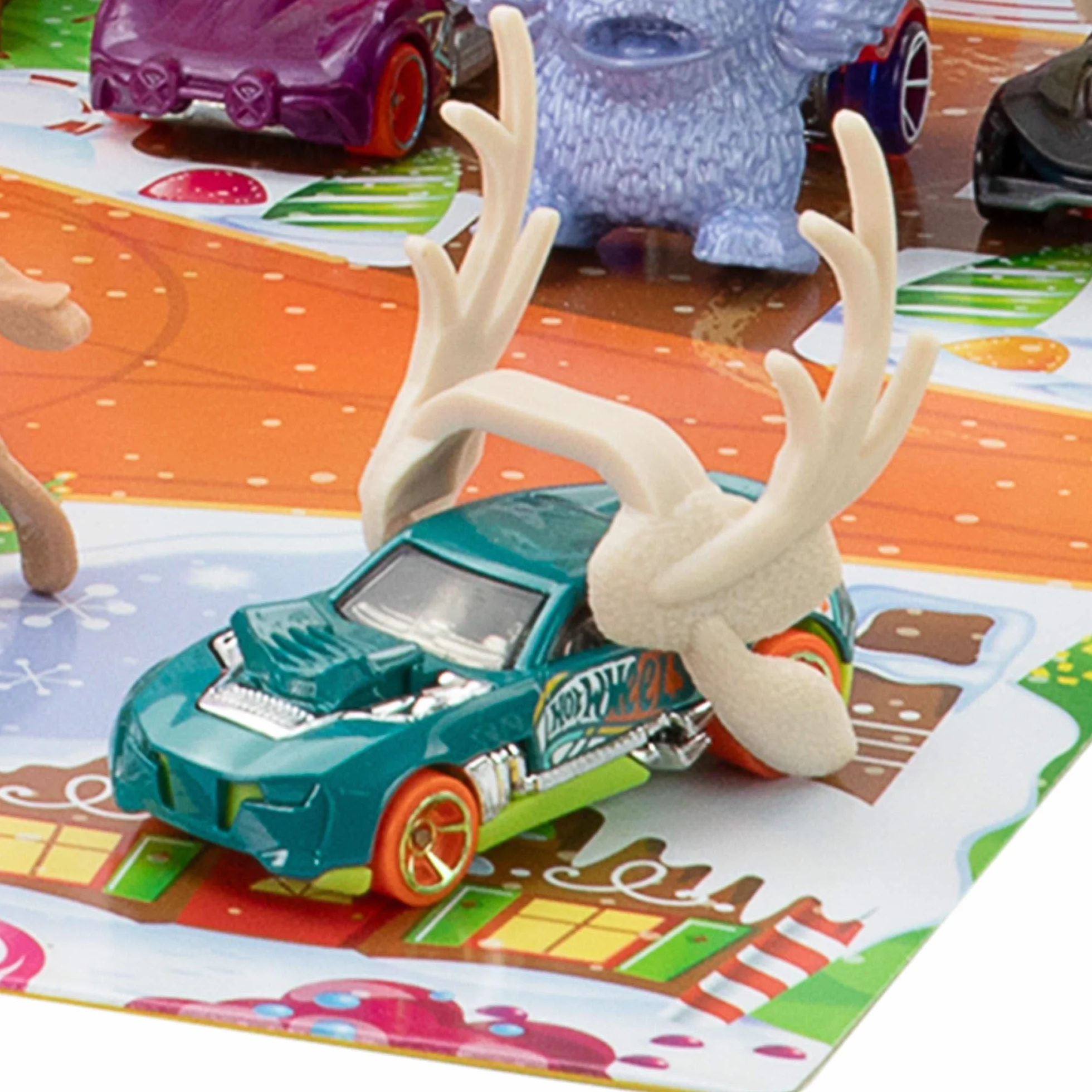 Mattel Hot Wheels Kalendarz adwentowy Zestaw do zabawy, 10 samochodów zabawek w skali 1:64, 10 ozdobnych klipsów i 14 zimowych akcesoriów, JCB47