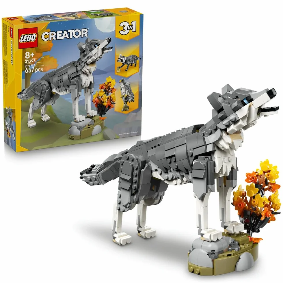 LEGO Creator 3 w 1 Leśne zwierzęta: Wilk szary, zabawka konstrukcyjna dla dzieci, 3 opcje figurek zwierząt: wilk, sokół lub szop, pomysł na prezent dla chłopca i dziewczynki od 8 lat 31393