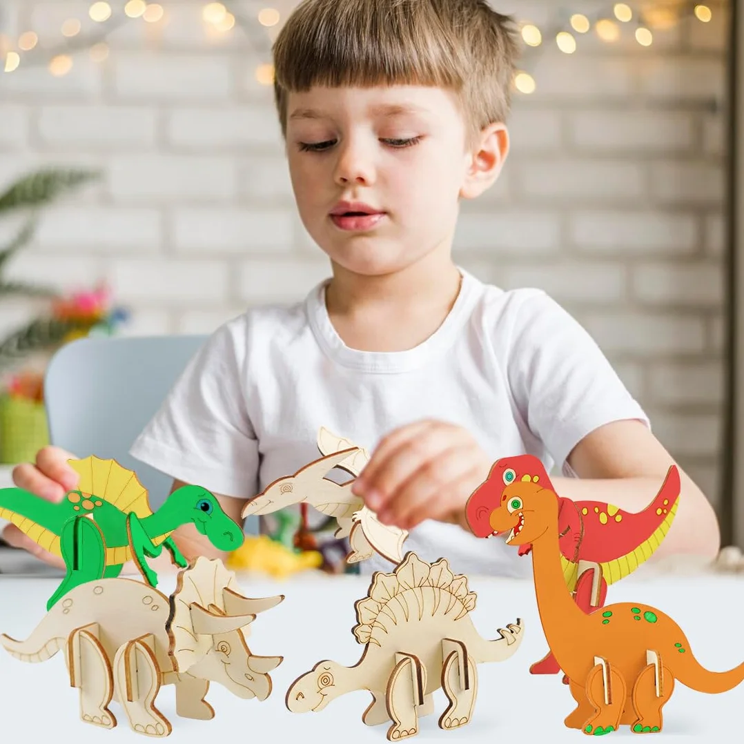 Drewniany zestaw dinozaurów 12 sztuk - DIY 3D Zestaw do malowania i malowania dla dzieci - Kreatywne rękodzieło Prezent urodzinowy