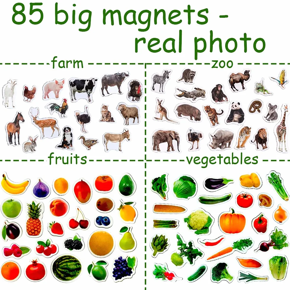 Magnesy na lodówkę dla dzieci ZESTAW MAGDUM ZOO + farma + owoce + warzywa – 85 magnesów dla małych dzieci – magnesy na lodówkę dla dzieci zabawki dla małych dzieci – zabawki dla dzieci