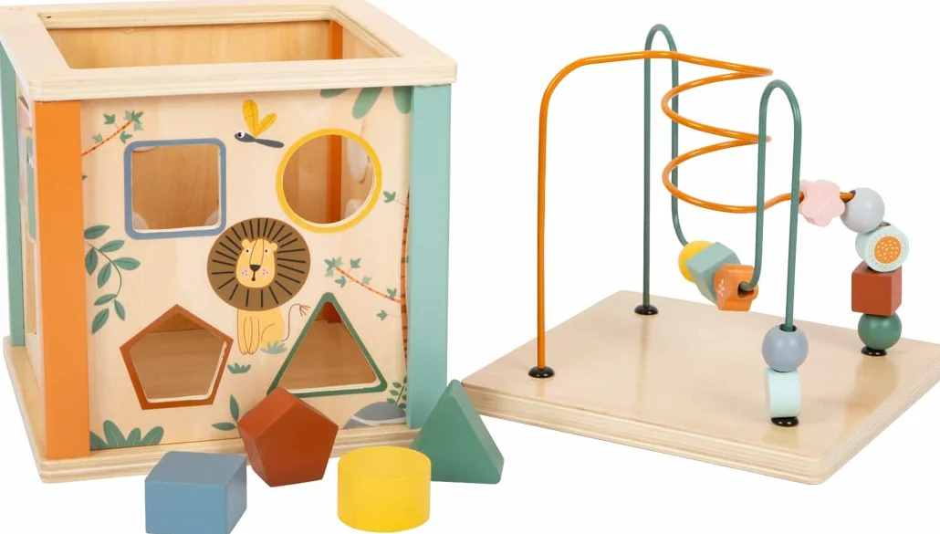 Small Foot Safari Motor Cube, zabawka edukacyjna dla niemowląt i małych dzieci, wykonana z drewna, od 12 miesięcy, art. 11960