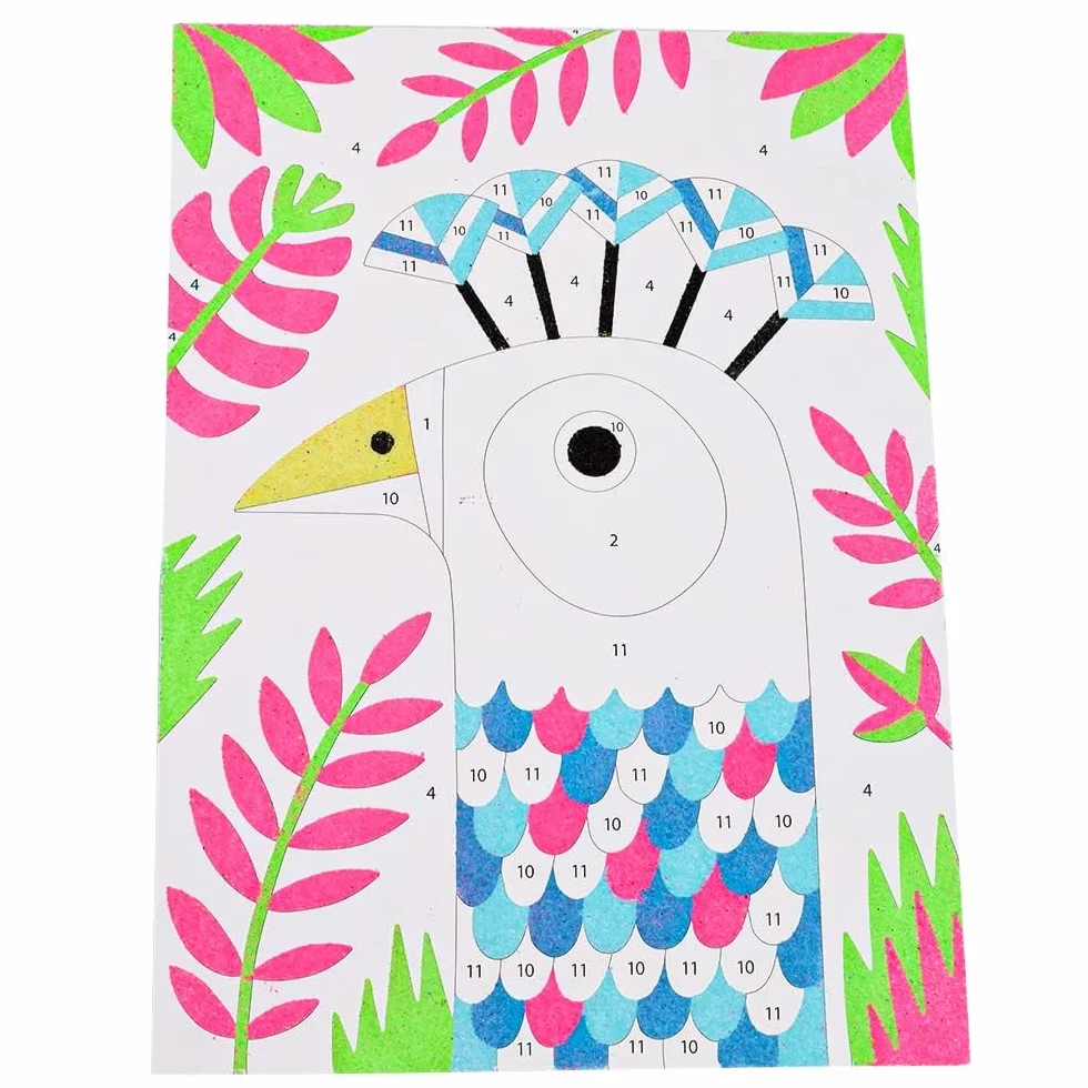 Djeco DJ08663 kreatywny zestaw obrazów z piaskiem Dazzling Birds z brokatowym piaskiem, 6 lat+, wielokolorowy
