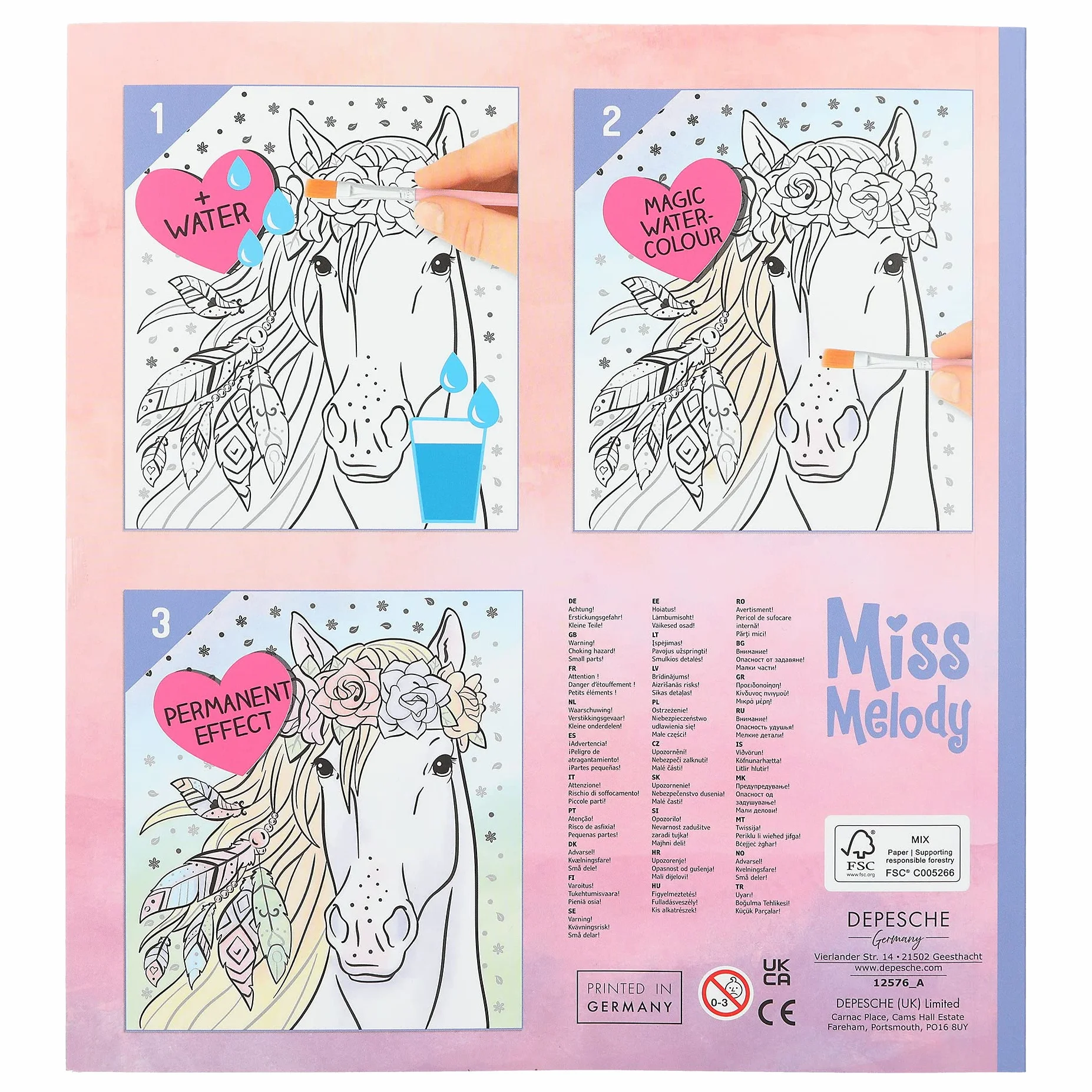 Depesche 12576 Miss Melody - Watercolour Book, kolorowanka z pędzelkiem i 30 motywami koni do pokolorowania wodą