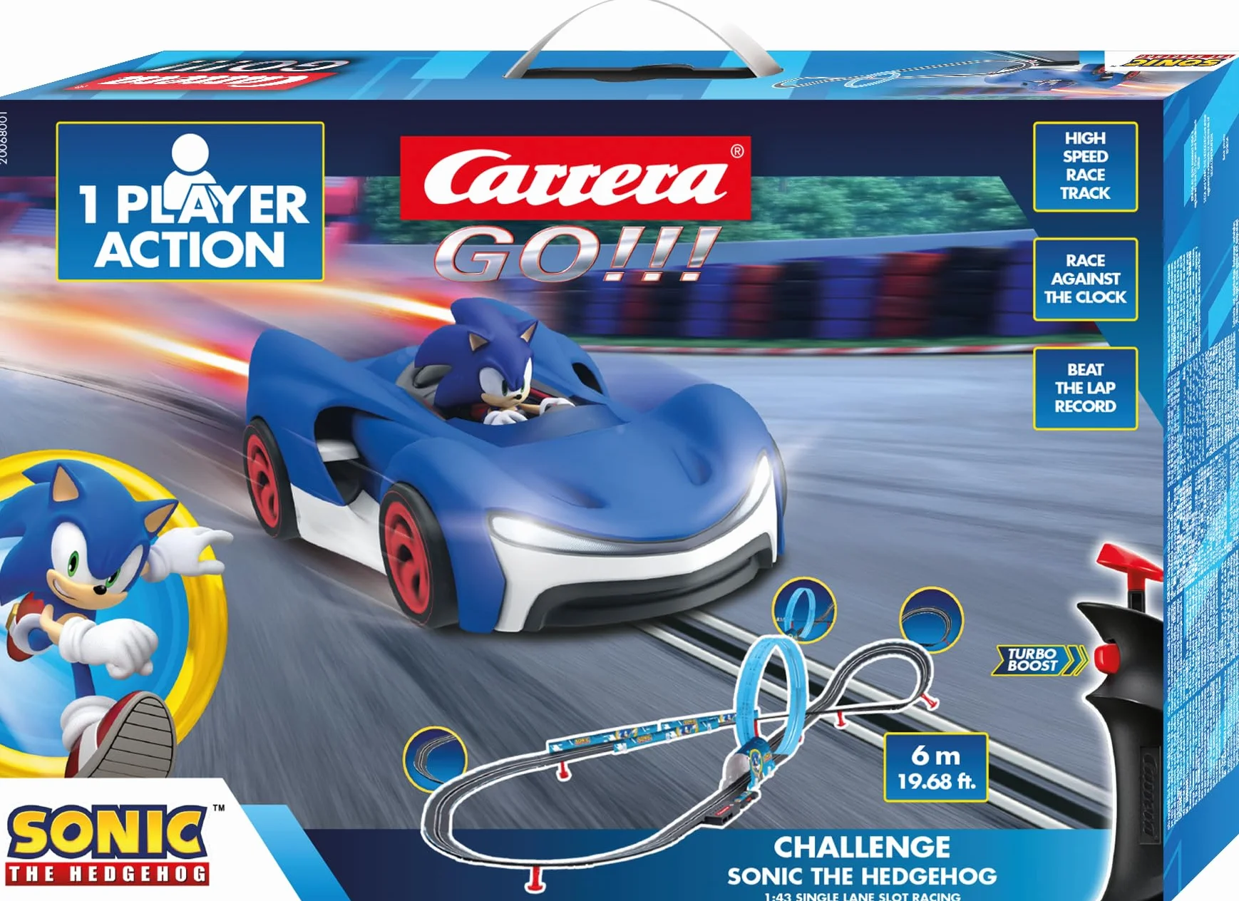 Carrera 20068001 GO!!! Challenge Sonic zestaw toru wyścigowego tor wyścigowy i licencjonowane wyścigówki do 1 gracza dla dzieci i dorosłych tor wyścigowy wyścigówka w skali 1:43 w stylu Sonic