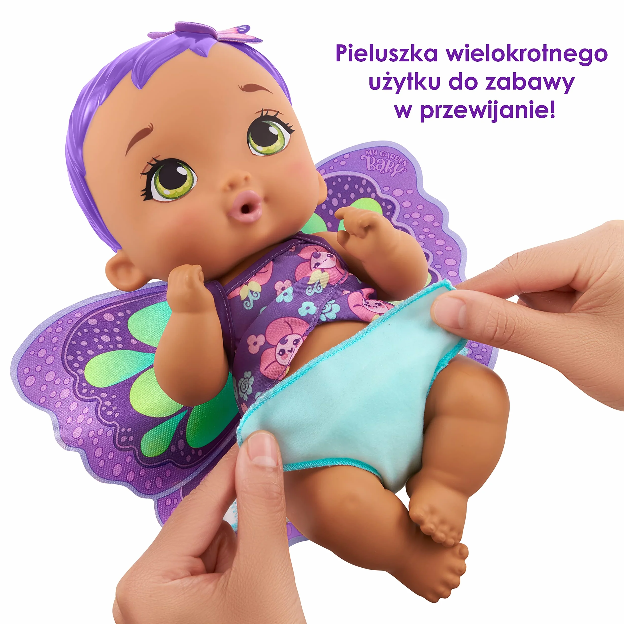 My Garden Baby Bobasek-Motylek Karmienie i przewijanie Lalka fioletowa (ok 30 cm) z pieluszką wielokrotnego użytku, zdejmowanymi skrzydełkami i ubrankiem, dla dzieci od 2 roku życia, GYP11