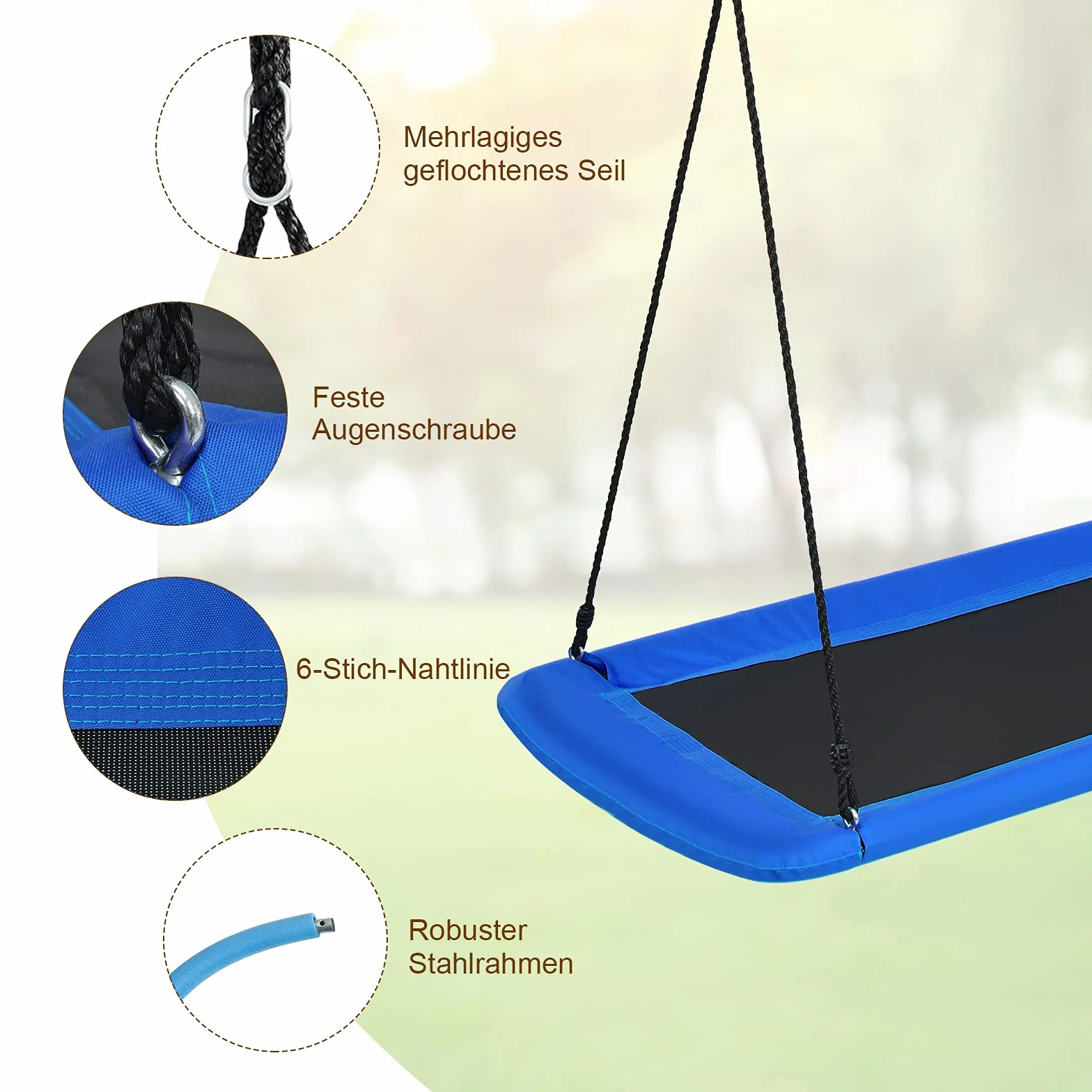 COSTWAY Huśtawka gniazdowa kwadratowa, obciążenie do 150 kg, 150 x 80 cm, huśtawka ogrodowa z regulowaną liną 100-180 cm, huśtawka dla dzieci, do użytku na zewnątrz, dla dzieci i dorosłych (niebieska)