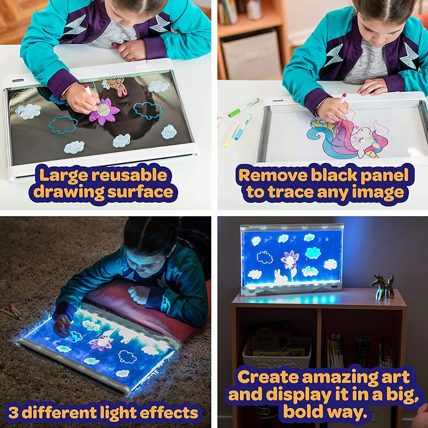 CRAYOLA - Podświetlana Tablica Deluxe z Dużą Powierzchnią, Zmazywalna Tablica do Rysowania ze Światłami LED, Zestaw z 6 Żelowymi Pisakami, Dla Dzieci od 6 do 10 Lat
