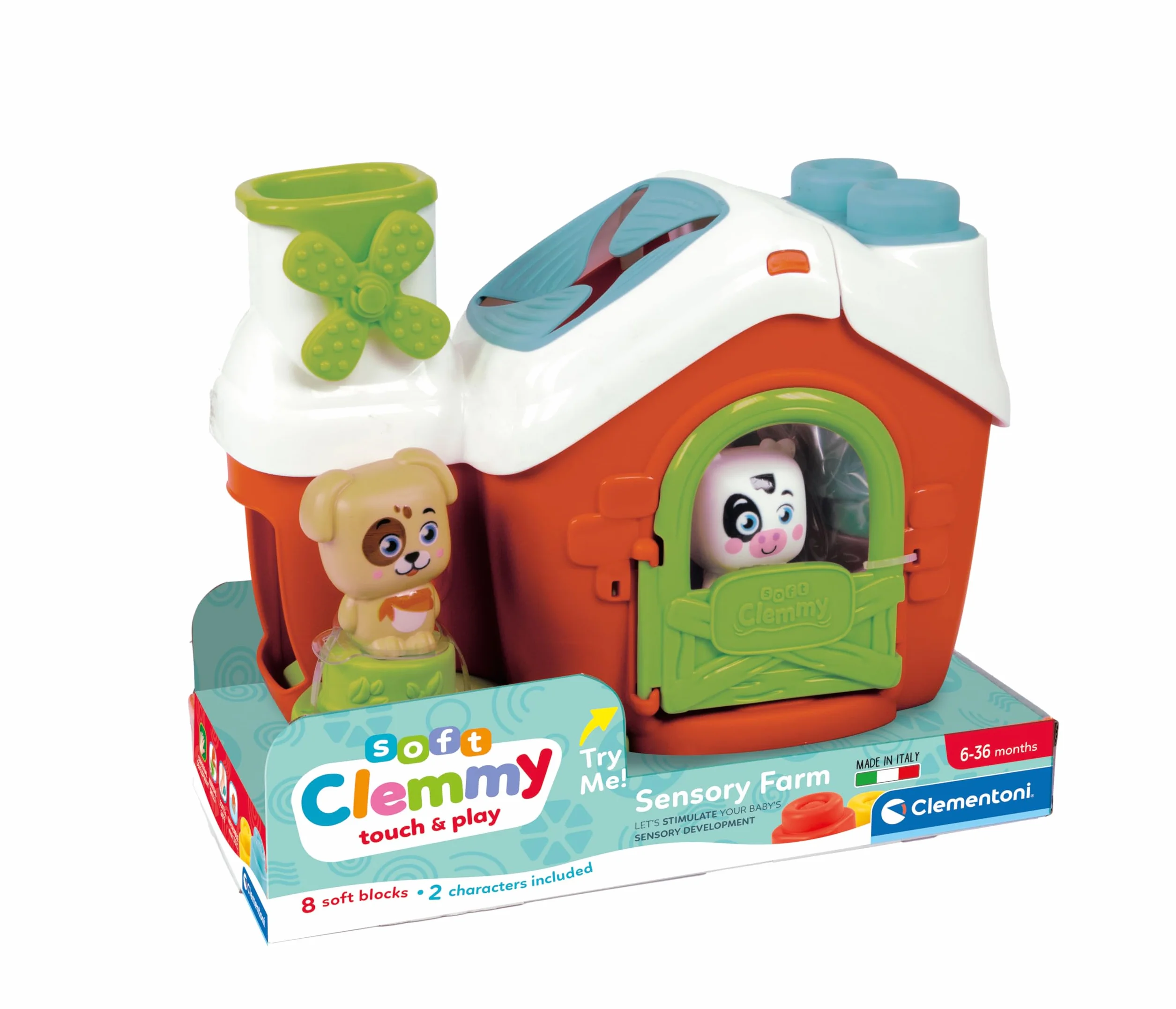 Clementoni Soft Clemmy - Touch & Play, farma sensoryczna, zestaw do zabawy, wczesne dzieciństwo, wyprodukowano we Włoszech, dla dzieci w wieku 6-36 miesięcy, 100% zmywalne, miękkie klocki, zabawka do