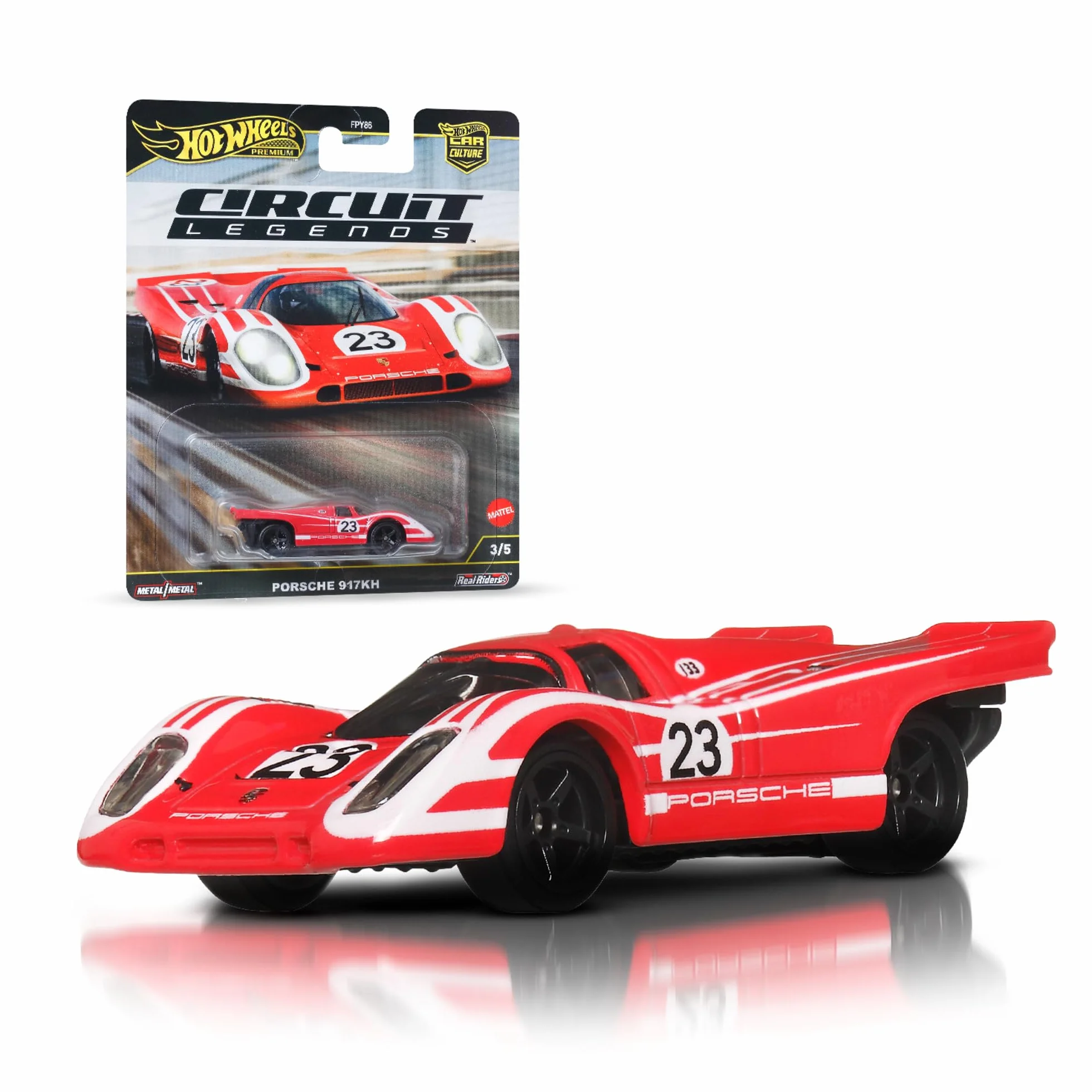 Hot Wheels Premium Car Culture Kultowe auta Circuit Legends Porsche 917K Metalowy samochód zabawka w skali 1:64 z oponami Real Riders, JBK63