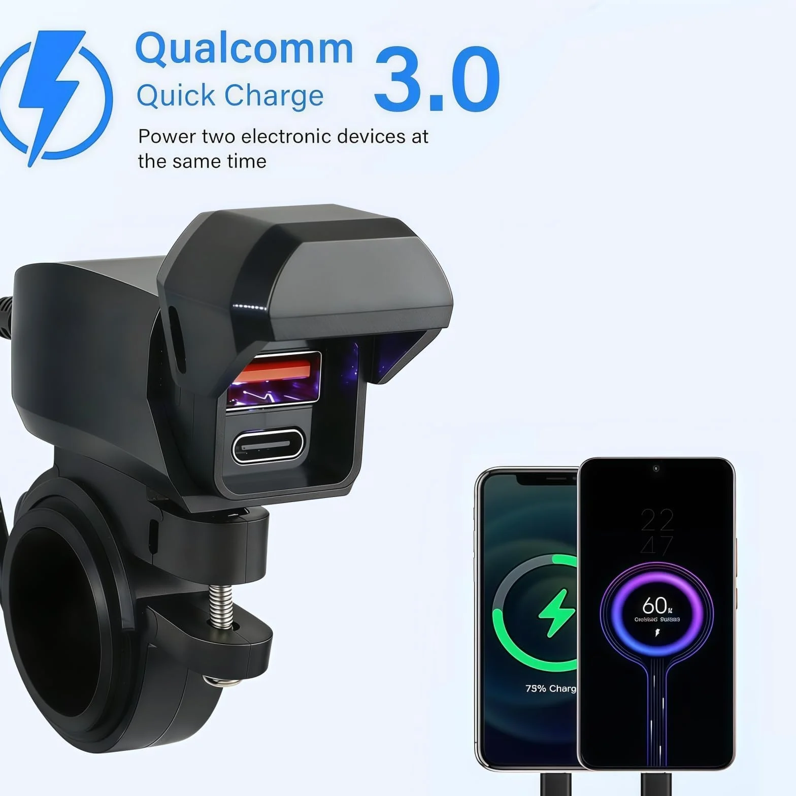 Motocyklowa ładowarka USB, 36 W PD3.0 i 18 W QC3.0 2-portowa, ochrona IP65, 12-24 V DC, kompaktowa mini konstrukcja do motocykli, skuterów, quadów, kabla 1,40 m, 2 rodzaje montażu
