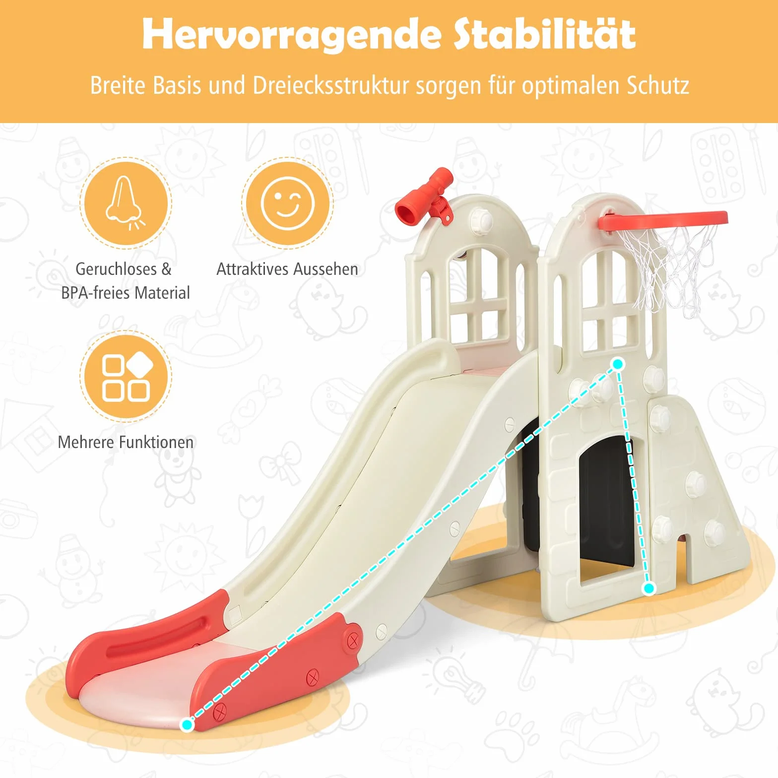 COSTWAY Plac zabaw dla dzieci, 6 w 1, zjeżdżalnia z drabiną, koszem do koszykówki, kółkami, teleskopem i tunelem, centrum zabaw, do użytku wewnątrz i na zewnątrz, dla dzieci w wieku 3-8 lat (różowa)