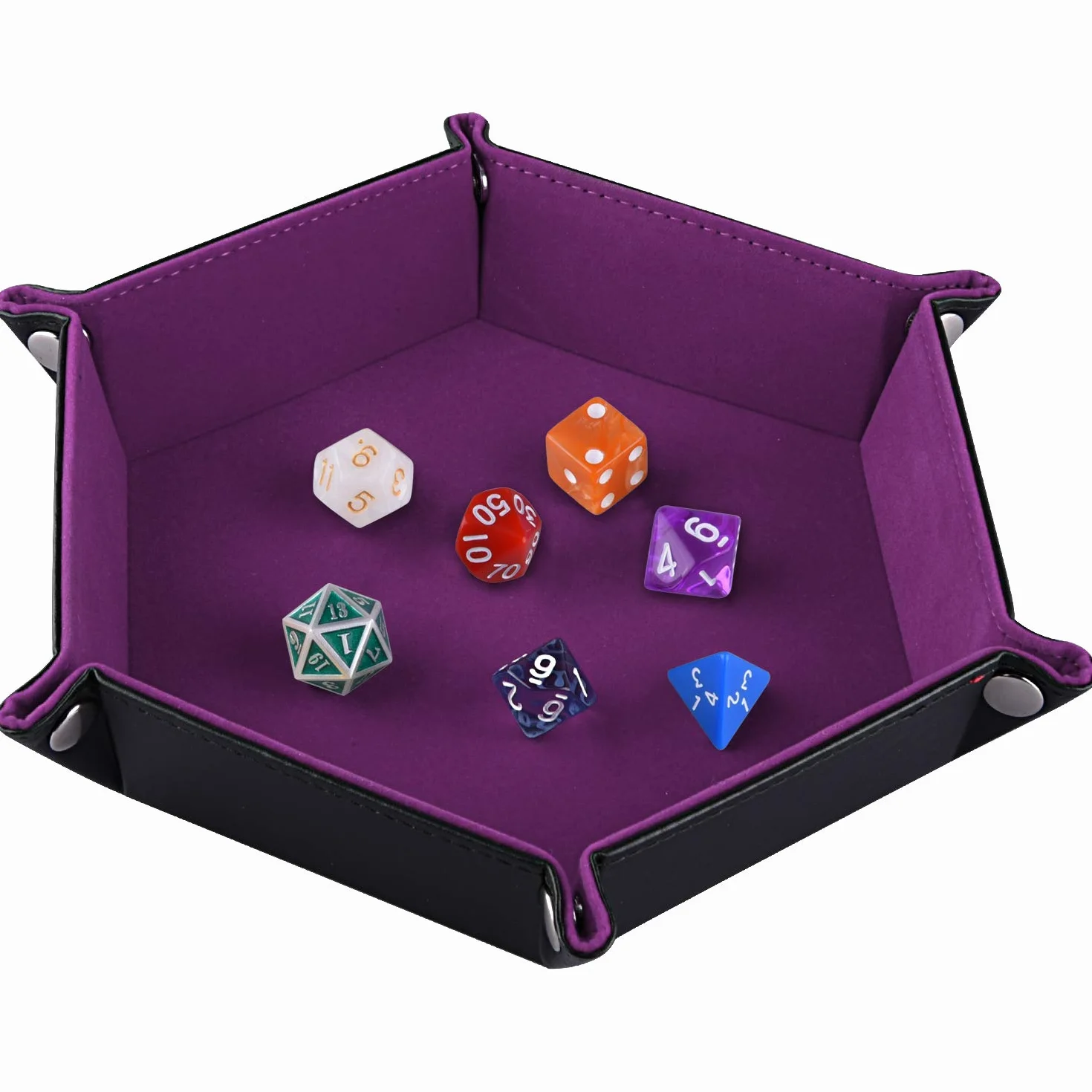 SIQUK Dwustronna taca na kości, składana sześciokątna skóra PU i ciemnofioletowy aksamitny uchwyt na kości do Dungeons and Dragons RPG Dice Gaming D&D i innych gier stołowych