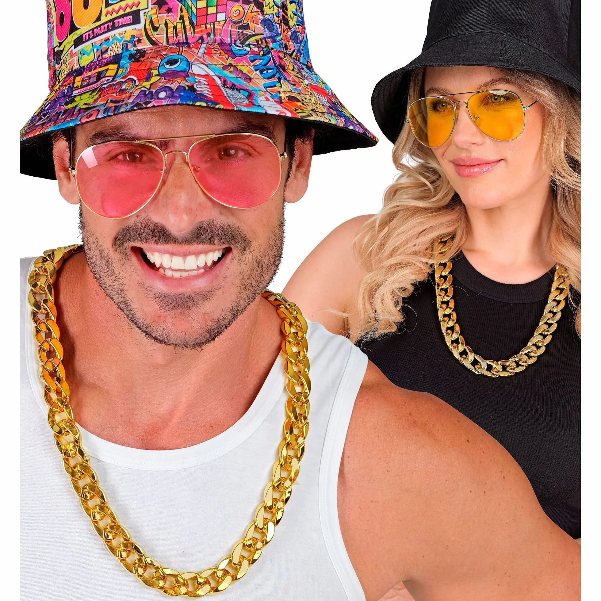 W WIDMANN MILANO Party Fashion - Naszyjnik złoty, 72 cm, biżuteria na szyję, dodatek, stroje karnawałowe, lata 80, raper