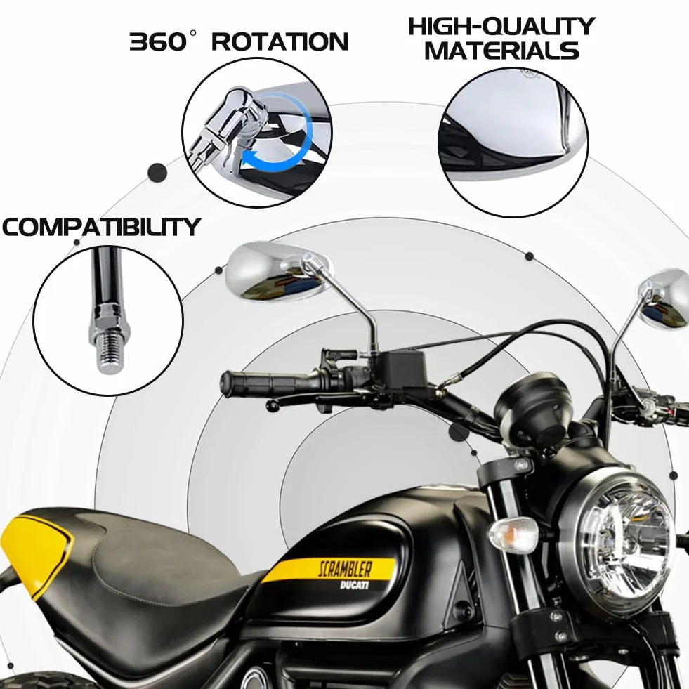 Uniwersalne lusterko motocyklowe, 10 mm, lusterko wsteczne Moto z opakowaniem śruby do skutera, Street Bike Cruiser Chopper Sport Bike ATV (chrom#1)