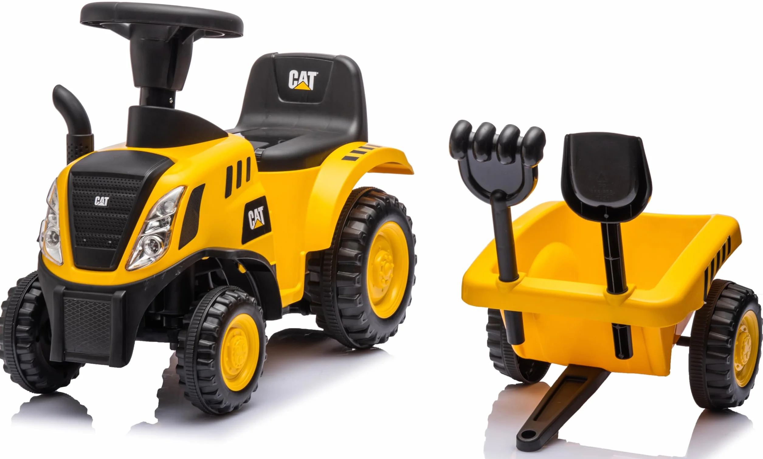 sun baby Jeździk dla dzieci Traktor z przyczepą New Holland, łopatka oraz grabki w zestawie, efekty dźwiękowe i świetlne, odczepiana przyczepka (Żółto-Czarny)