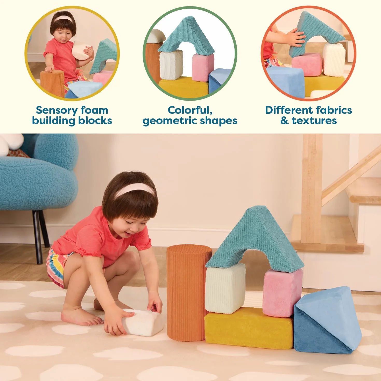 B. Toys sensoryczne klocki konstrukcyjne dla dzieci, 8 sztuk, teksturowane klocki dla dzieci w wieku 6-12 miesięcy, miękkie geometryczne kształty z pokrowcem z tkaniny dotykowej, piankowe klocki