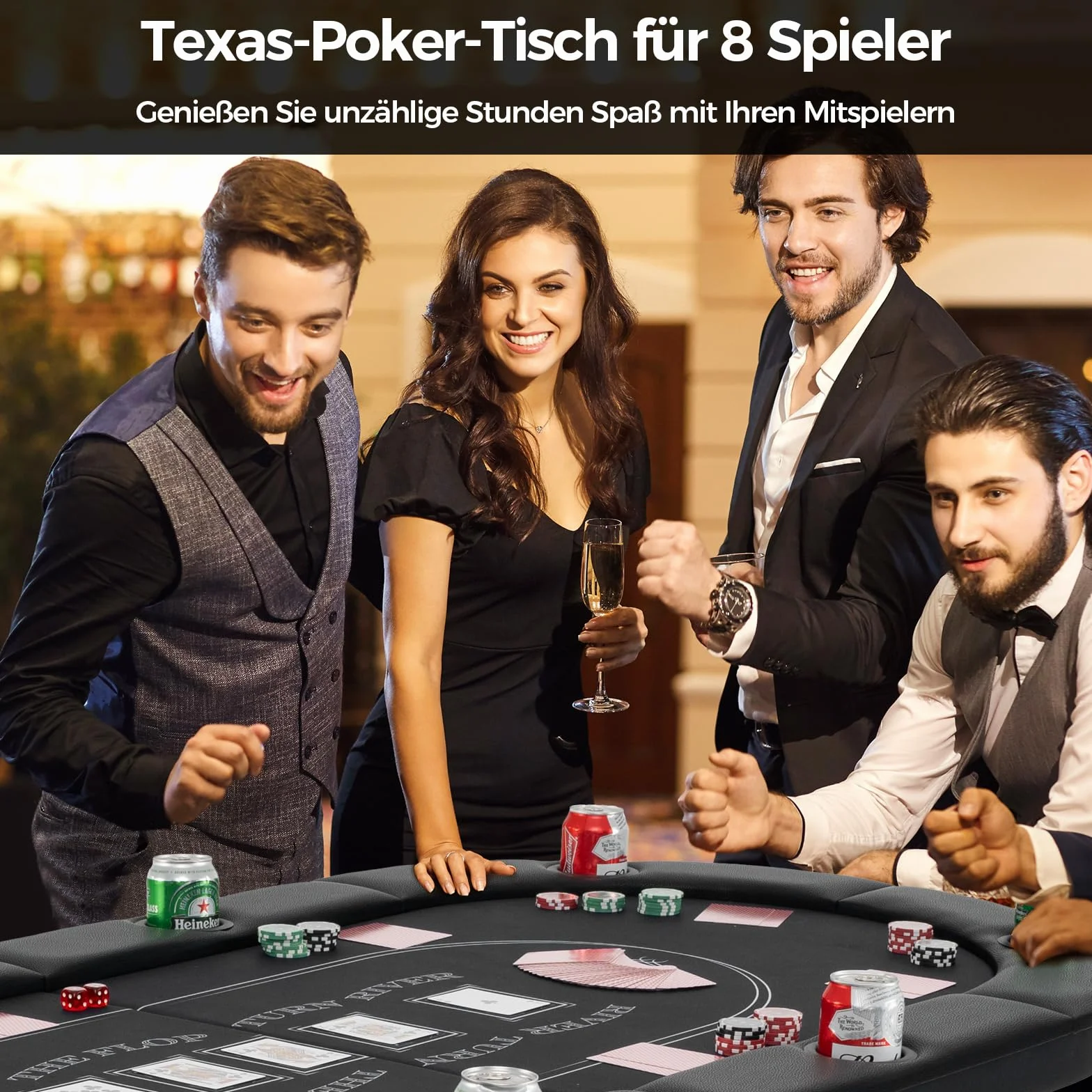 COSTWAY Składany stół do pokera dla 8 graczy z uchwytami na napoje i wyściełaną podpórką na ramię, idealny do blackjacka, Texas Hold'em (czarny)