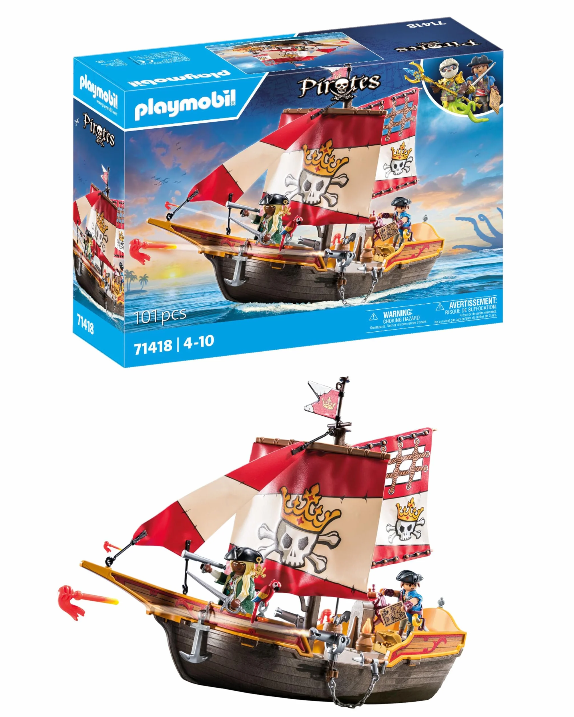 PLAYMOBIL Pirates 71418 Statek piracki, ciekawe, pirackie przygody na pełnym morzu, z bogatym wyposażeniem: teleskop, kompas i armaty, od 4 roku życia