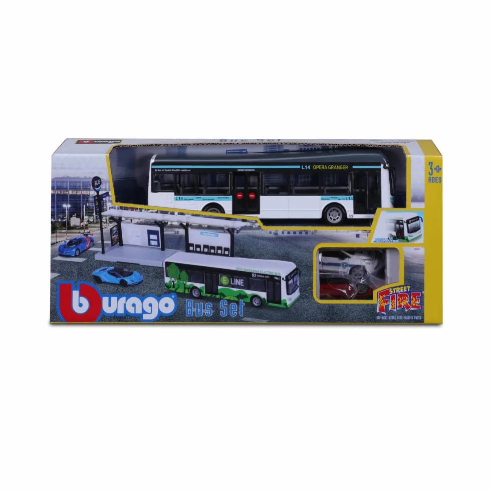 BBURAGO 1/64 PUBLICZNY TRANSPORT - Playset City Bus + Stacja + 2 pojazdy -, Niebieski lub Zielony