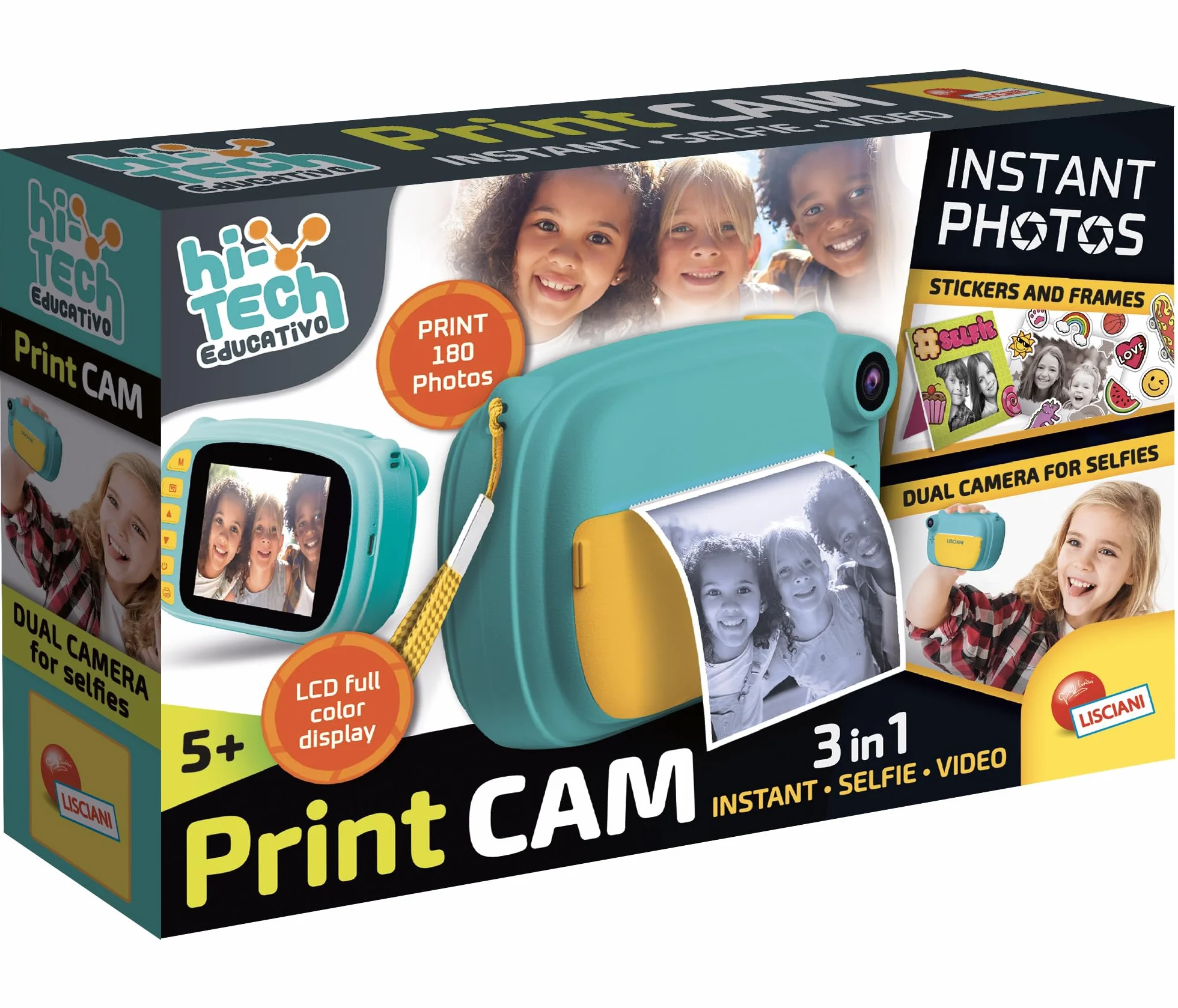 Lisciani - Print CAM - aparat natychmiastowy - edukacja Hi-Tech - 4-calowy wyświetlacz kolorowy - podwójny aparat do selfie - wideo - 180 zdjęć - ramka i naklejki - od 5 lat