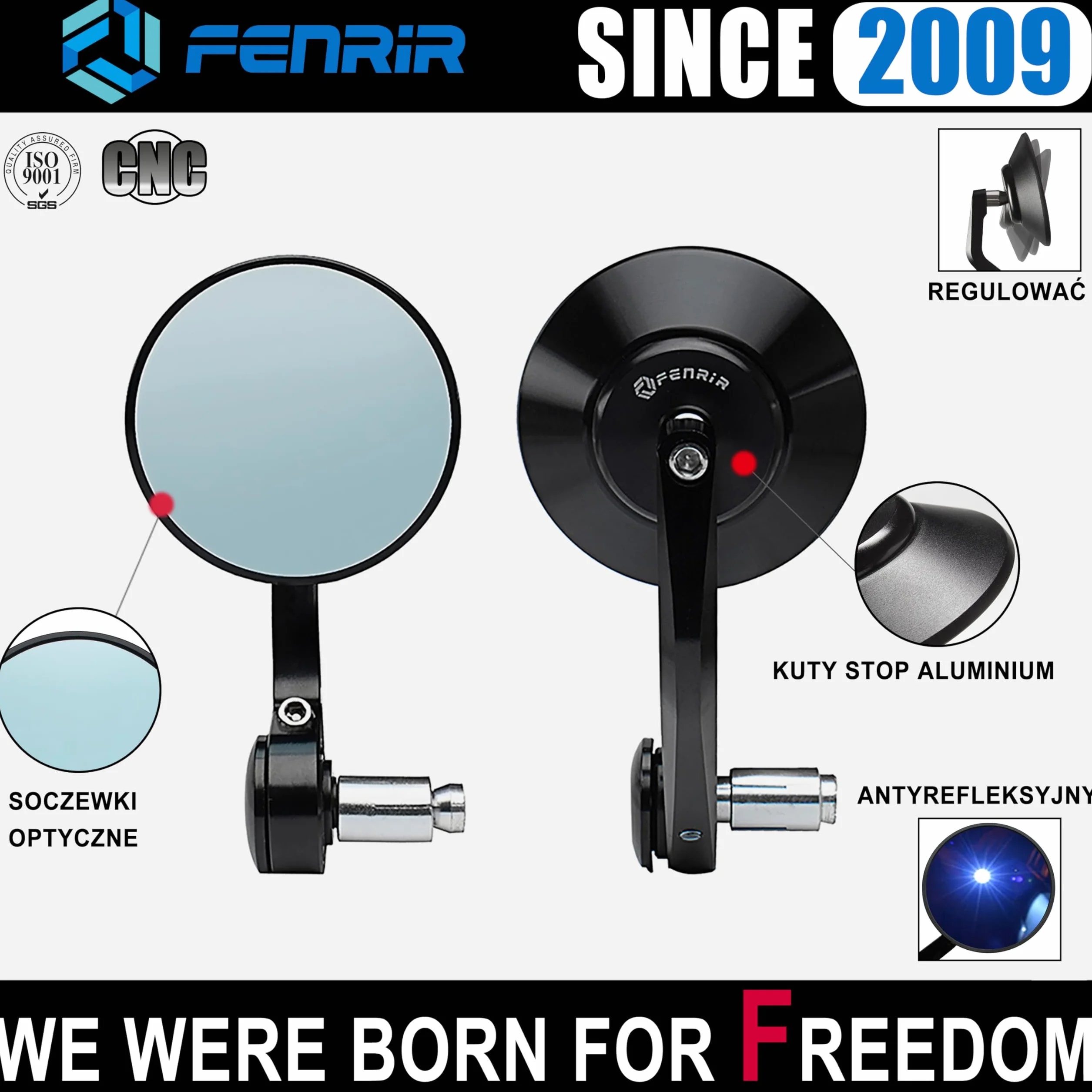 FENRIR (Nie Emark) Lusterka Kierownicy Motocykla Kierownicę Lusterko Boczne motocyklowe Czarne CNC Kute ze stopu aluminium Antyodblaskowe Konstrukcja redukująca wibracje Zakrzywione soczewki 801-0028