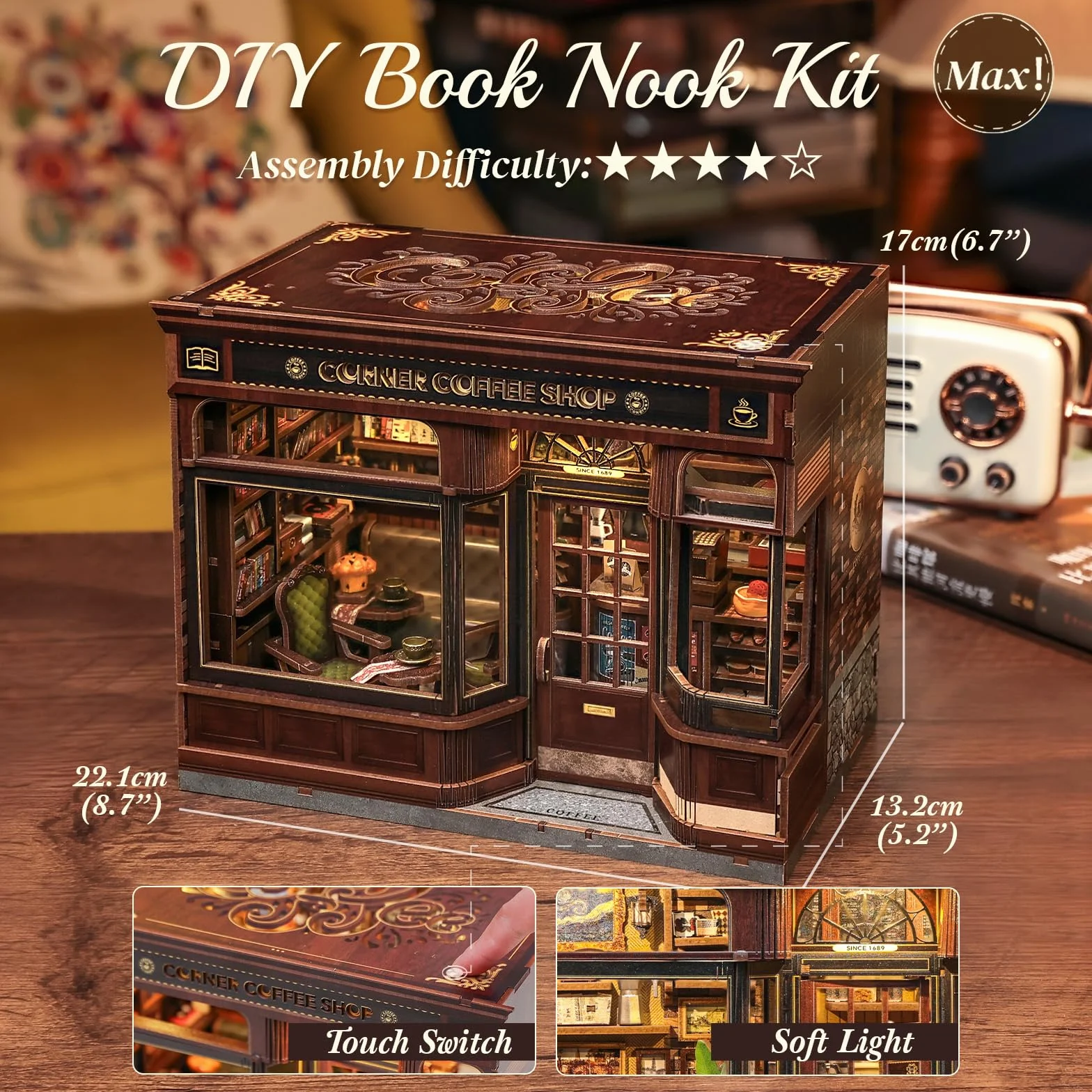 CUTEBEE Book Nook – DIY Mini House Miniaturowego Domku Dla Lalek dla Dorosłych z Oświetleniem LED, Układanką 3D i do – Dekoracja Półki na Książki i Pomysł na Prezent (Corner Coffee Shop)