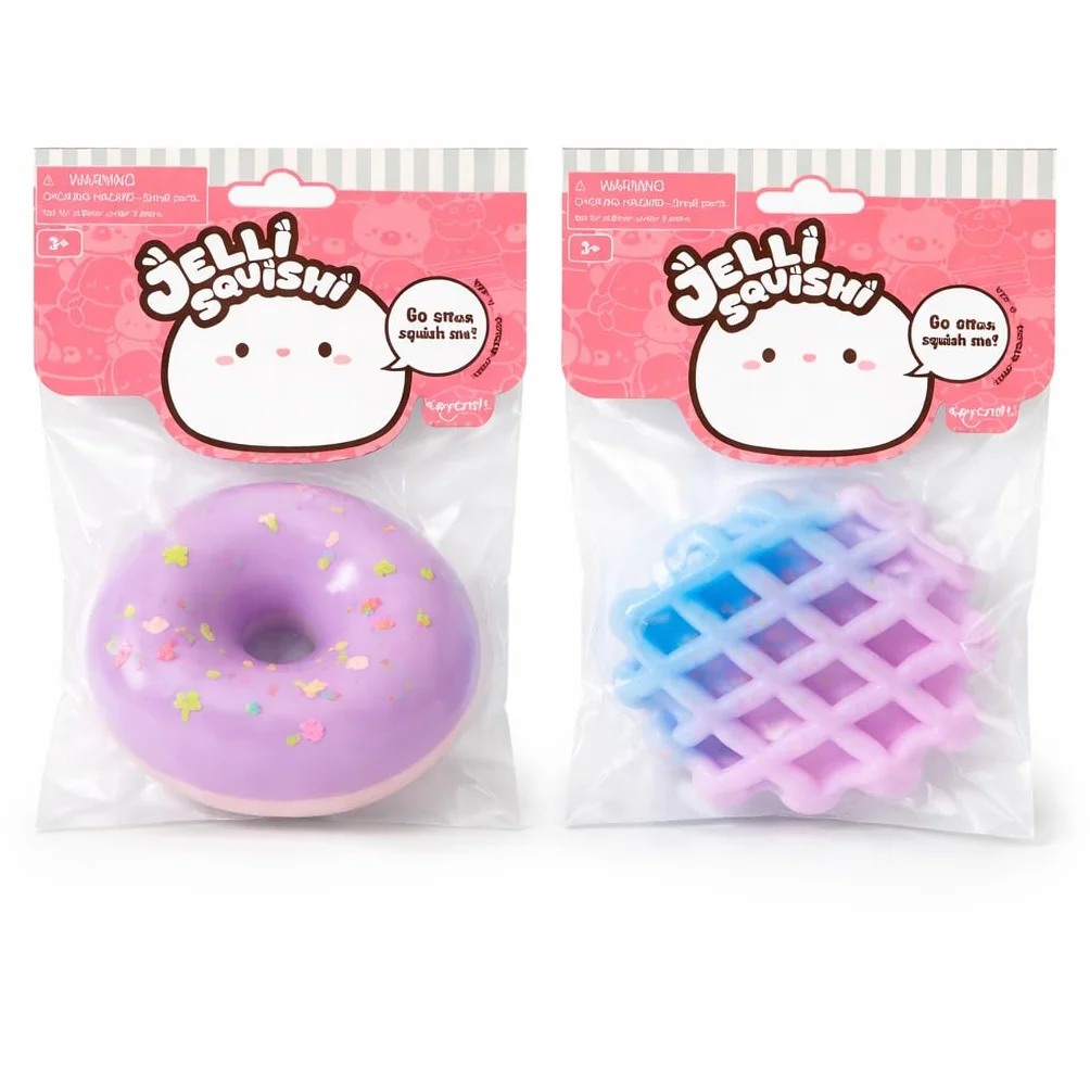 Jelli Squishi zestaw 2 słodkich squishy (gofry i pączki) – sensoryczna zabawka antystresowa dla dzieci – miękki żel do zgniatania Squishy, styl Kawaii Mochi – różne kolory