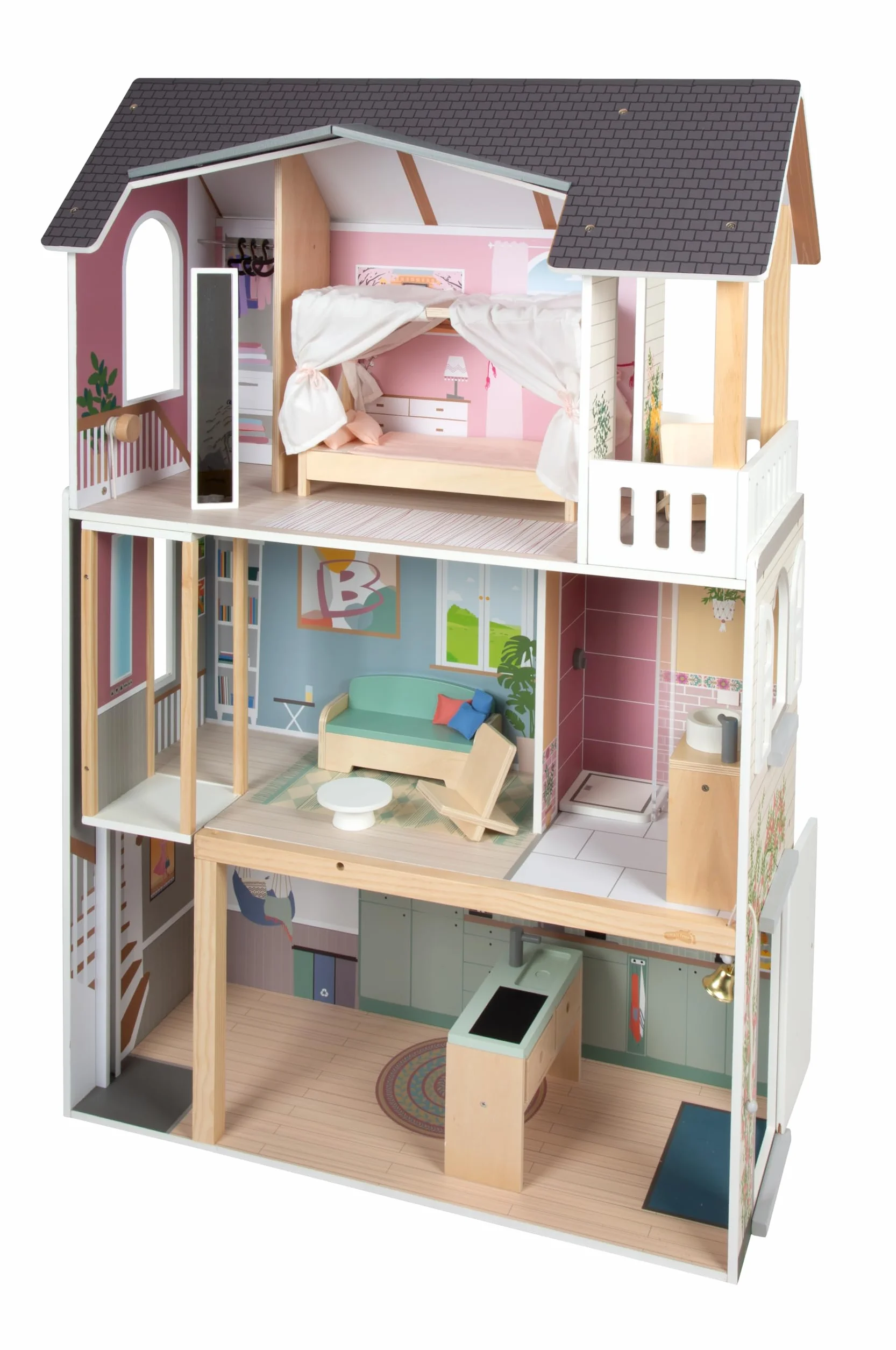 Mały domek dla lalek Villa XL, 3-piętrowy domek dla lalek z windą, dla lalek do 30 cm, skala 1:6, imitacja drewna, 12730