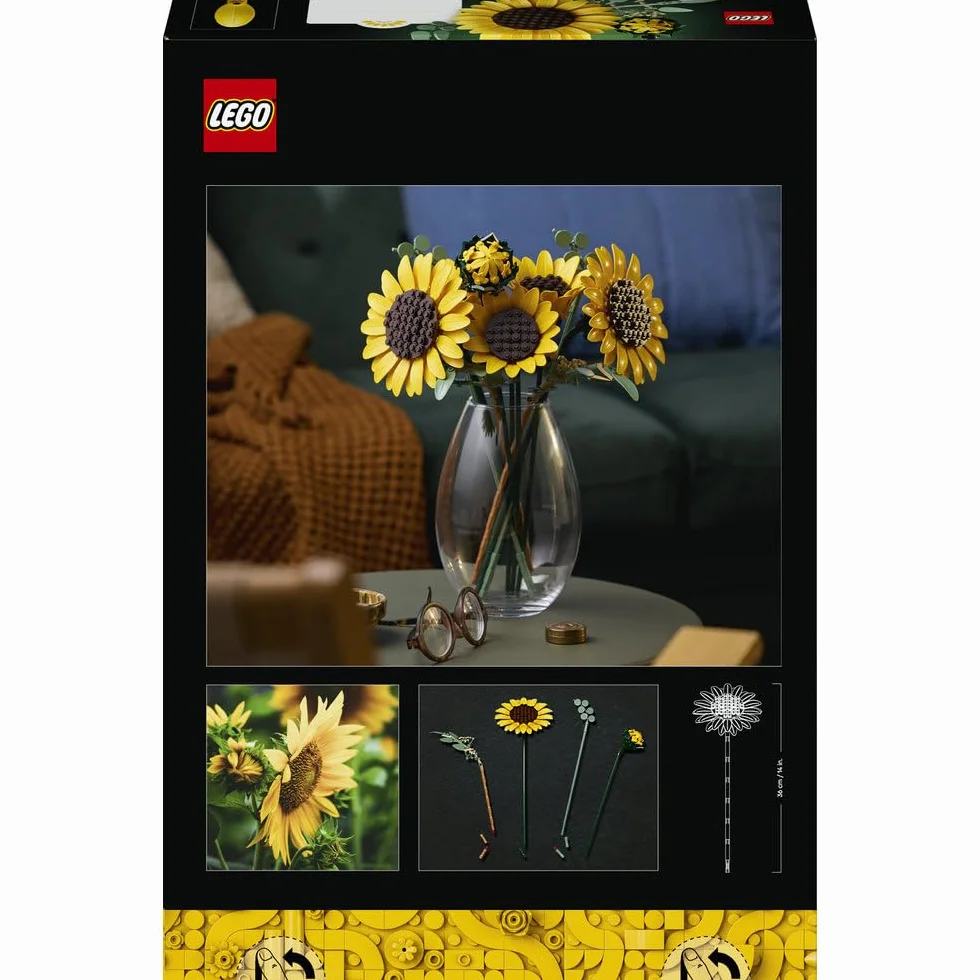 LEGO Botanicals Bukiet słoneczników, zestaw konstrukcyjny dla dorosłych, kwiatowa dekoracja z sześcioma kwiatami i liśćmi eukaliptusa, pomysł na prezent urodzinowy dla kobiet i mężczyzn 11502