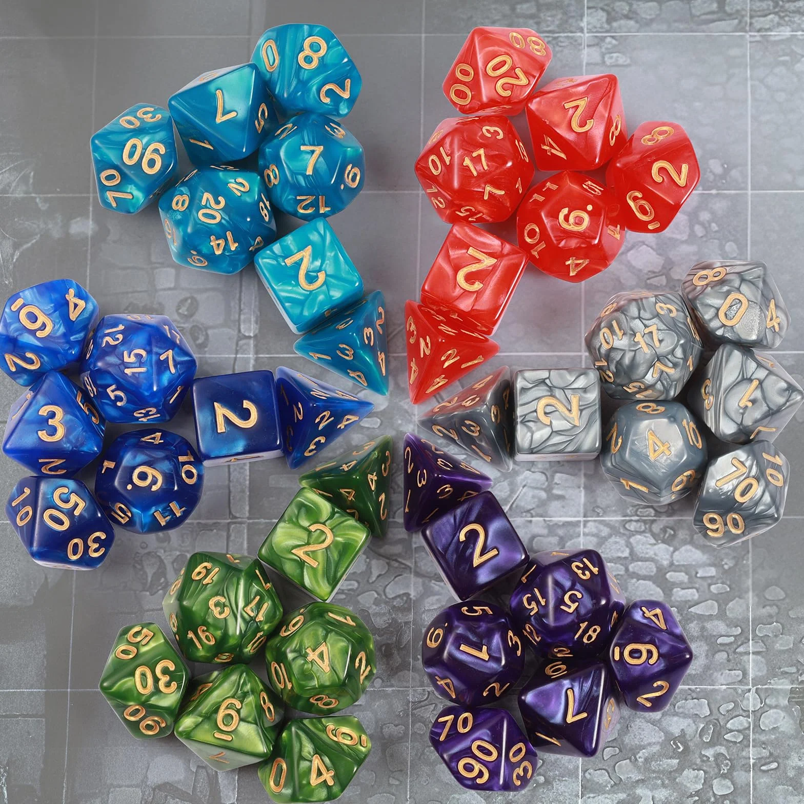 Zestaw kości wielościennych, 6 x 7 (42 sztuki) Kości DND z 6 woreczkami na rzep, do Dungeons and Dragons Pathfinder DND RPG MTG, 6 zestaw kości DND od D4 D6 D8 D10x2 D12 D20